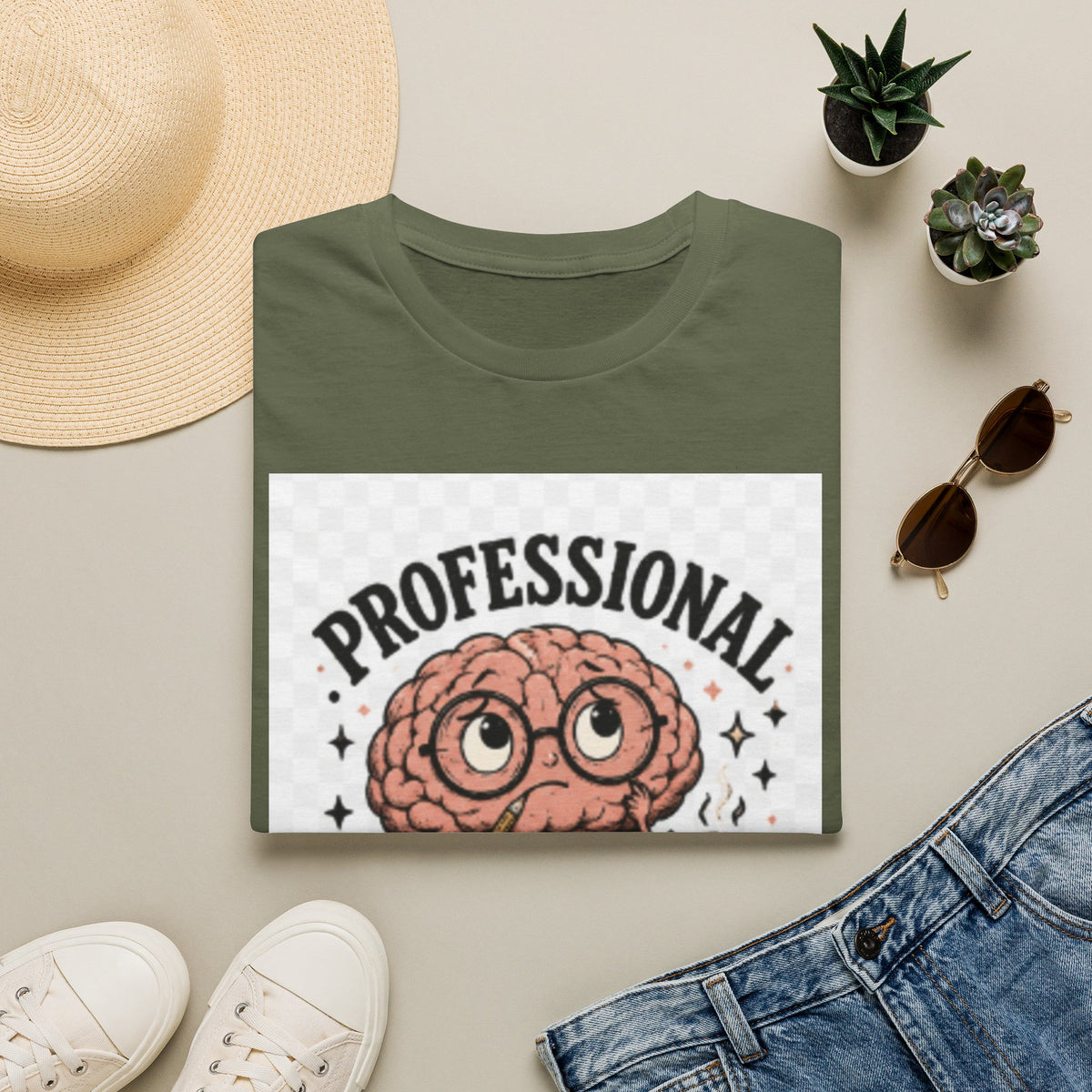 T-Shirt — "Professional Overthinker" Cute Brain Graphic Tee