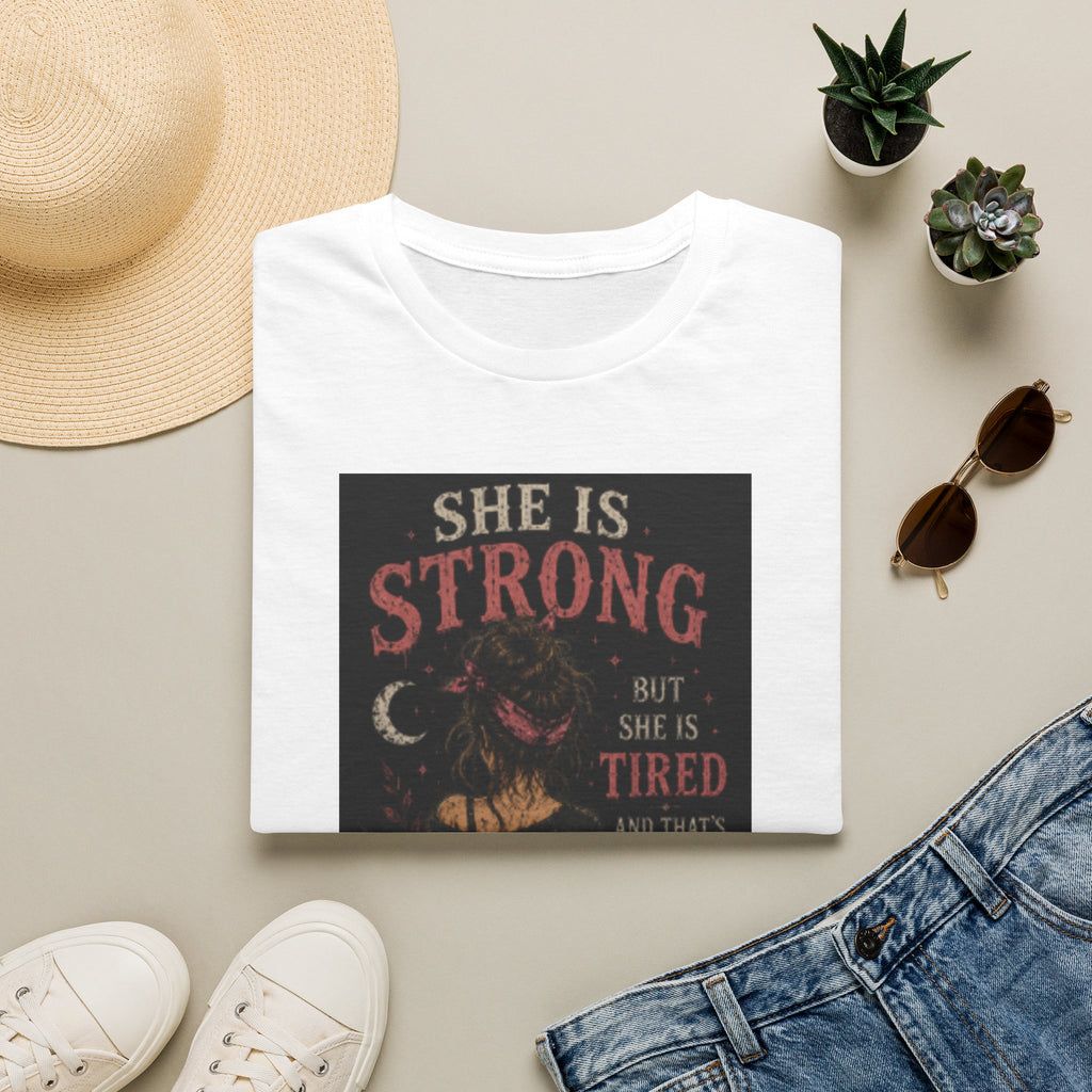 T-Shirt — "She Is Strong But She Is Tired" Inspirational Women’s Graphic Tee