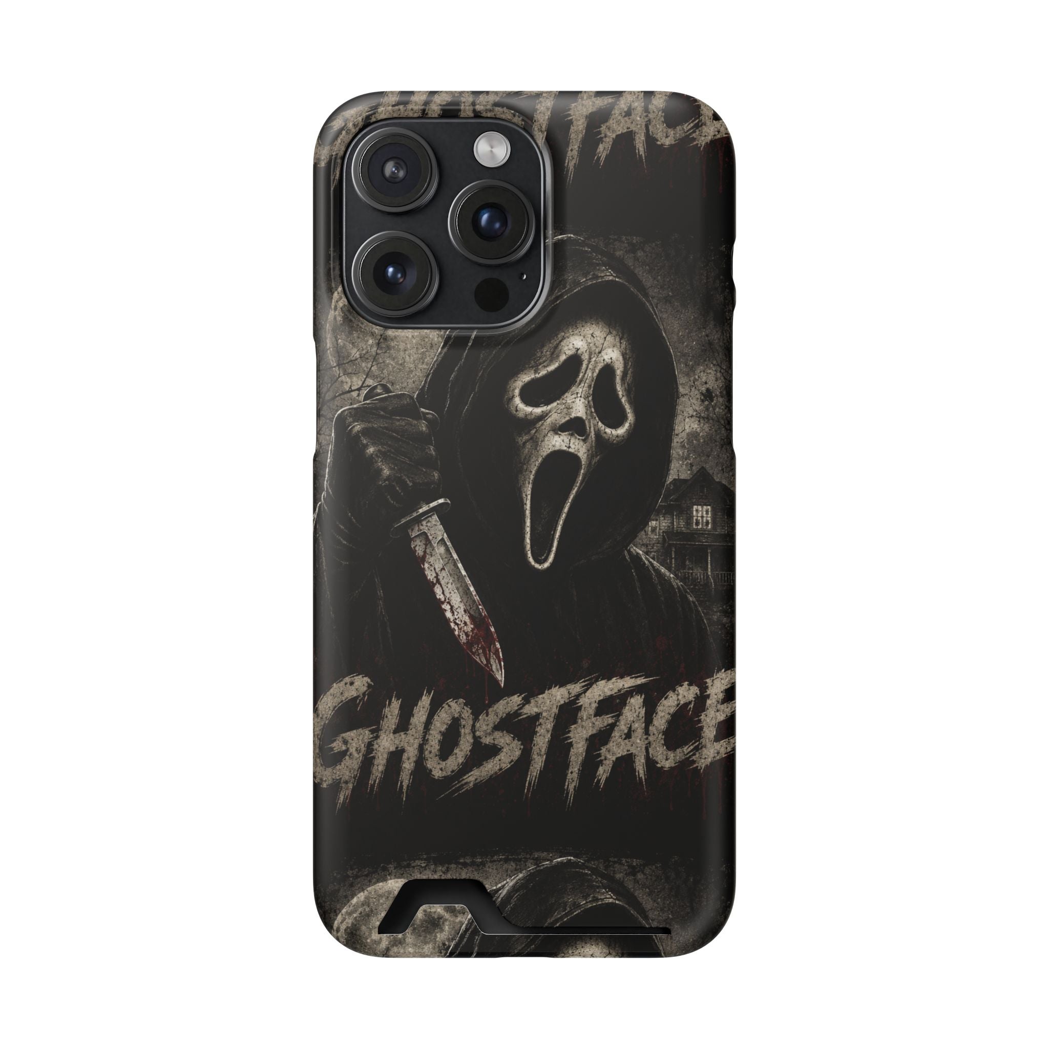 Ghostface Phone Case with Card Holder — Horror Movie Scream Mask Design