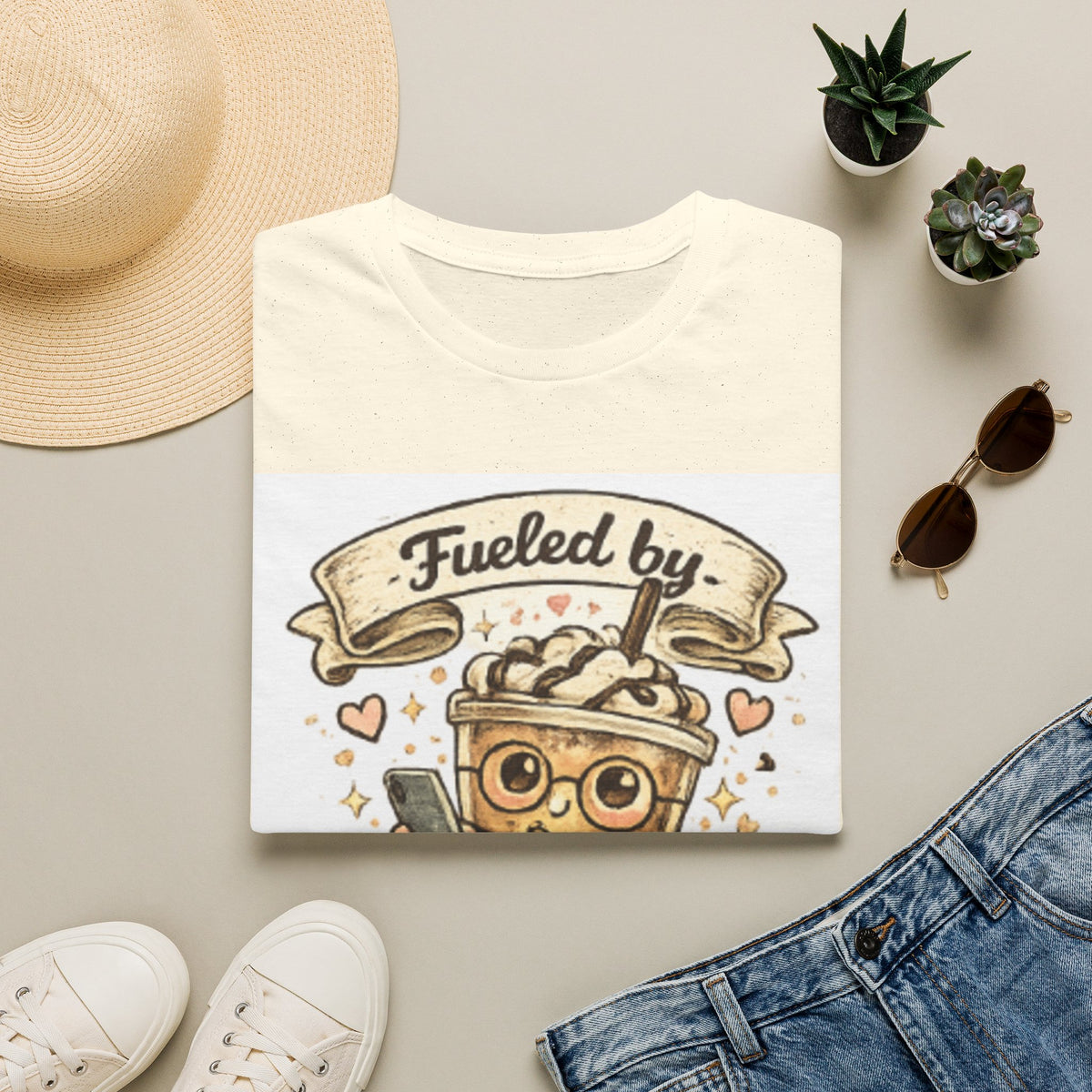 Iced Coffee T-Shirt — "Fueled by Iced Coffee & Delusion" Cute Cafe Graphic Tee