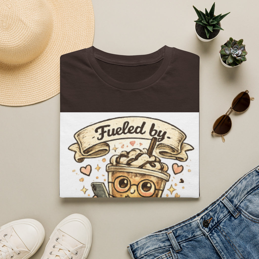 Iced Coffee T-Shirt — "Fueled by Iced Coffee & Delusion" Cute Cafe Graphic Tee