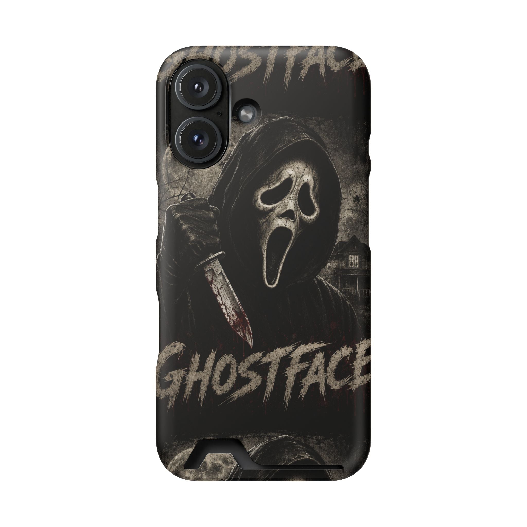 Ghostface Phone Case with Card Holder — Horror Movie Scream Mask Design