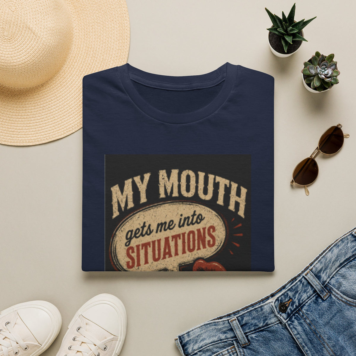 Graphic T-Shirt — "My Mouth Gets Me Into Situations" Vintage Statement Tee