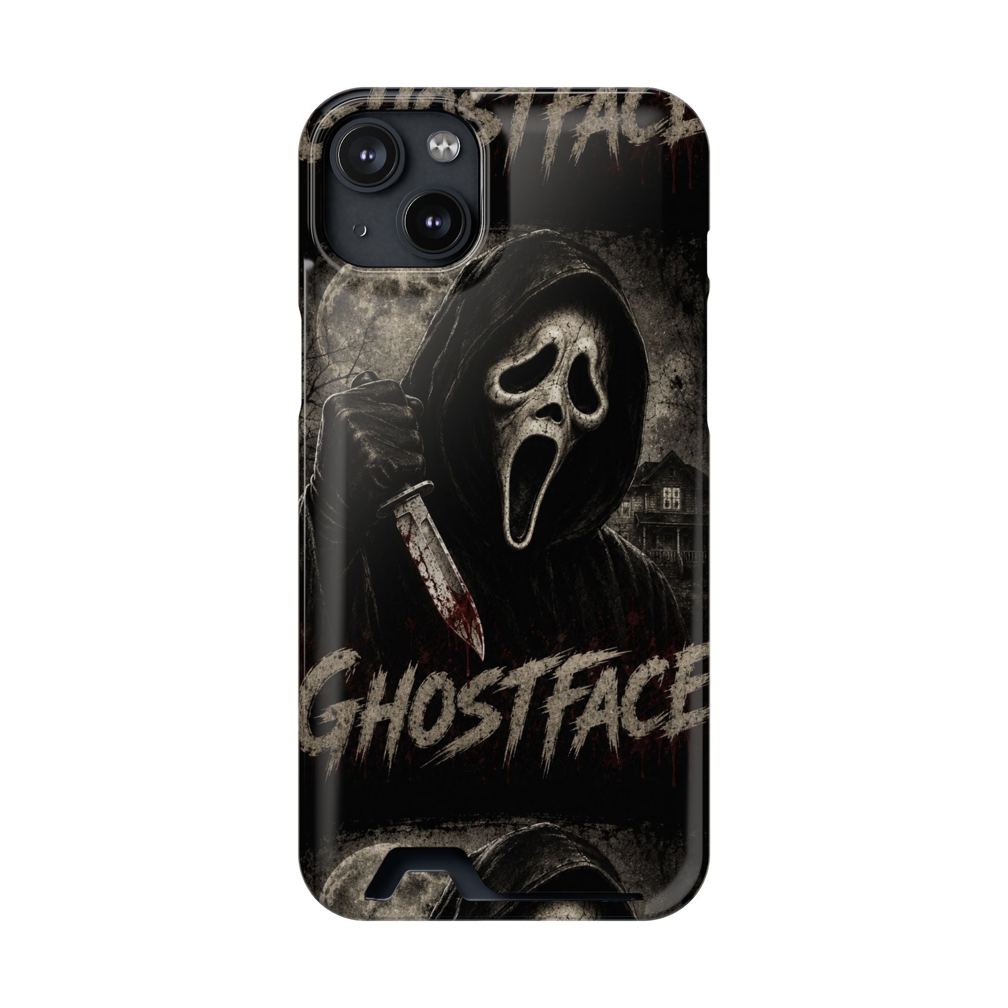 Ghostface Phone Case with Card Holder — Horror Movie Scream Mask Design