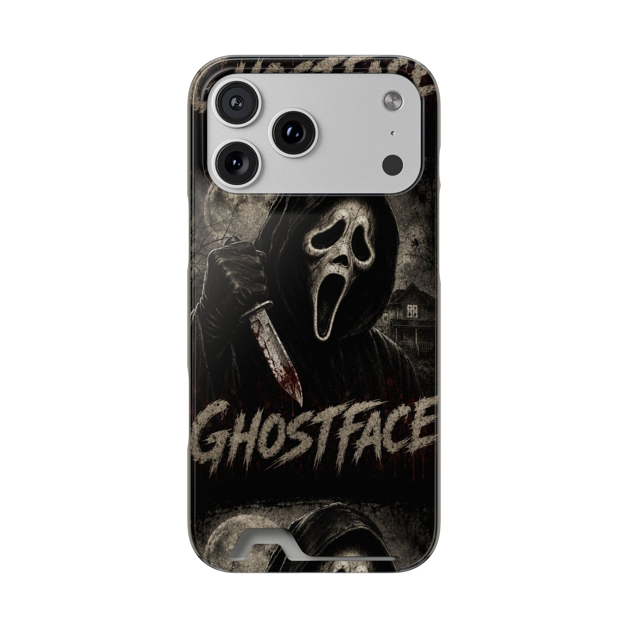 Ghostface Phone Case with Card Holder — Horror Movie Scream Mask Design