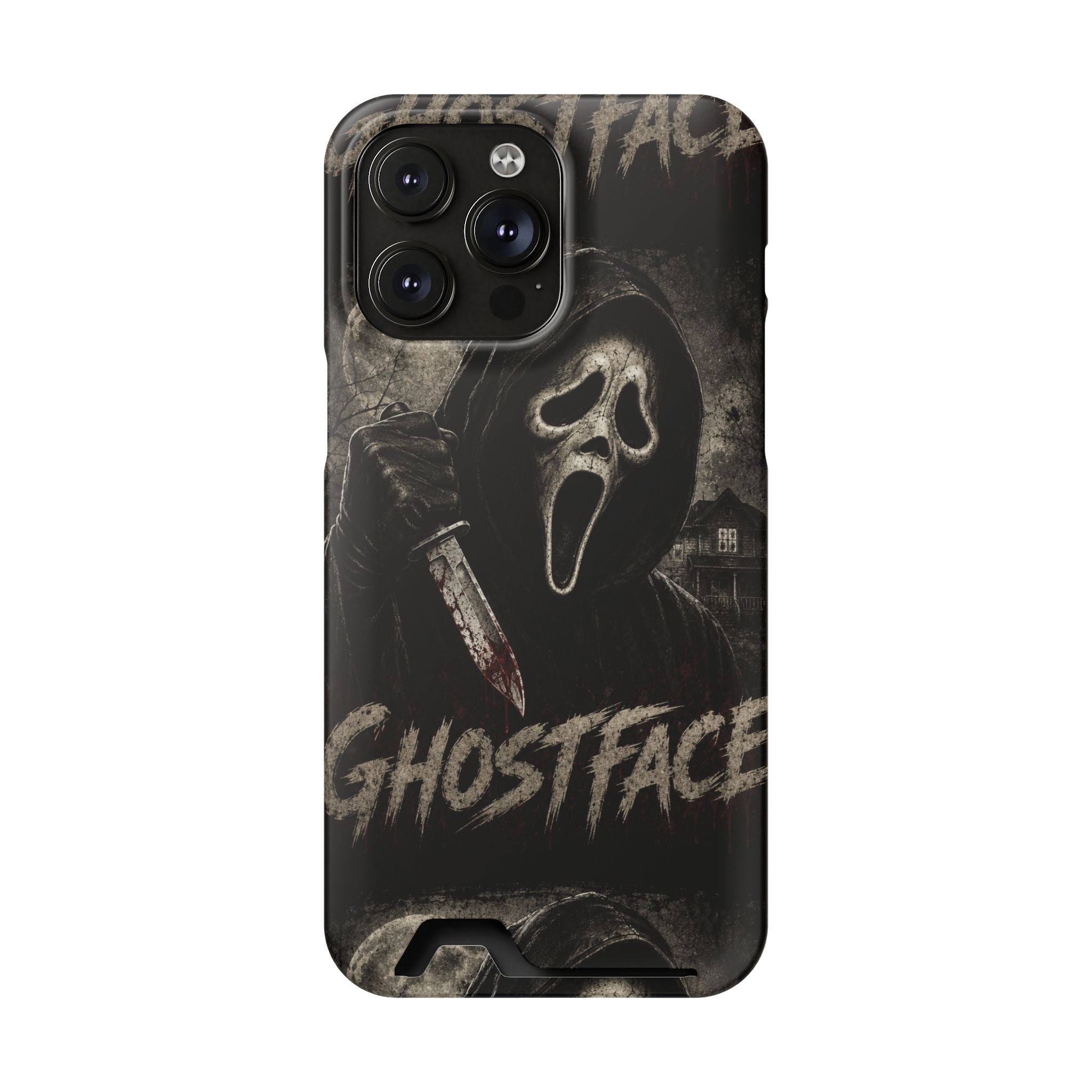 Ghostface Phone Case with Card Holder — Horror Movie Scream Mask Design