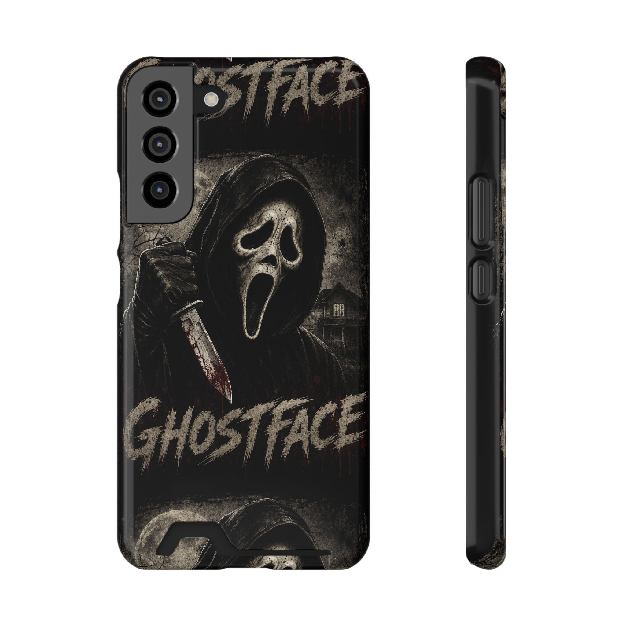 Ghostface Phone Case with Card Holder — Horror Movie Scream Mask Design