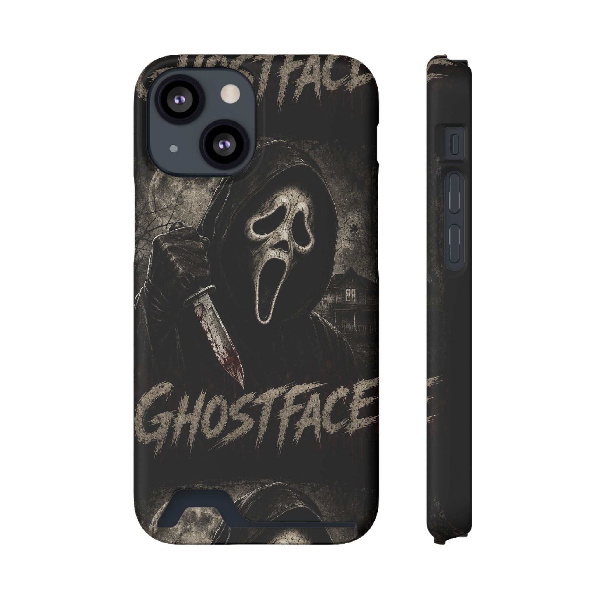Ghostface Phone Case with Card Holder — Horror Movie Scream Mask Design