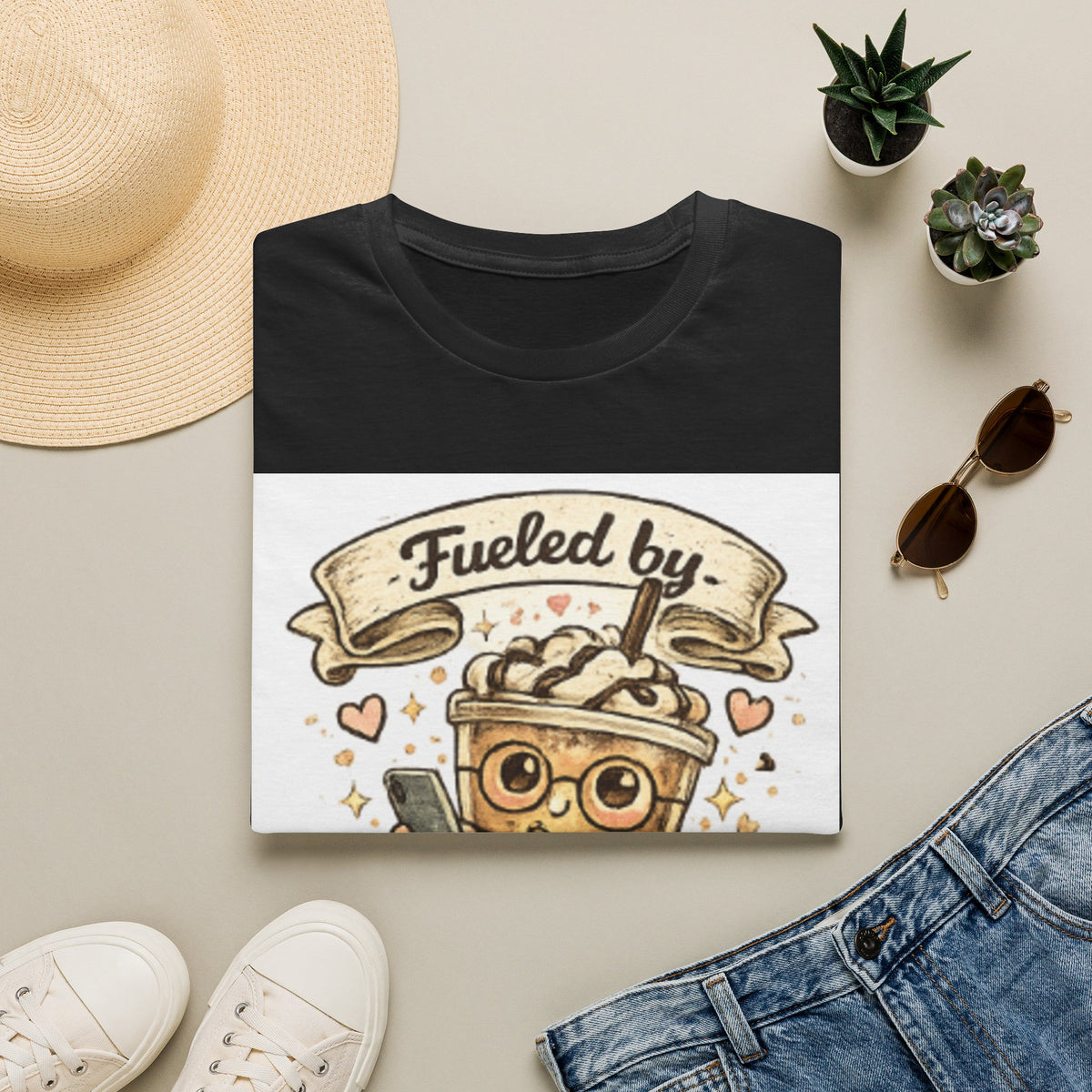 Iced Coffee T-Shirt — "Fueled by Iced Coffee & Delusion" Cute Cafe Graphic Tee