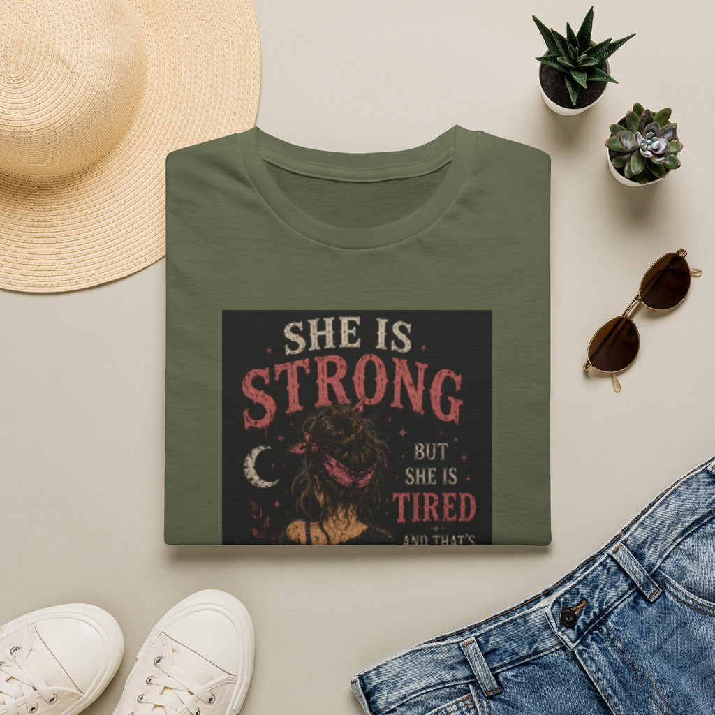 T-Shirt — "She Is Strong But She Is Tired" Inspirational Women’s Graphic Tee