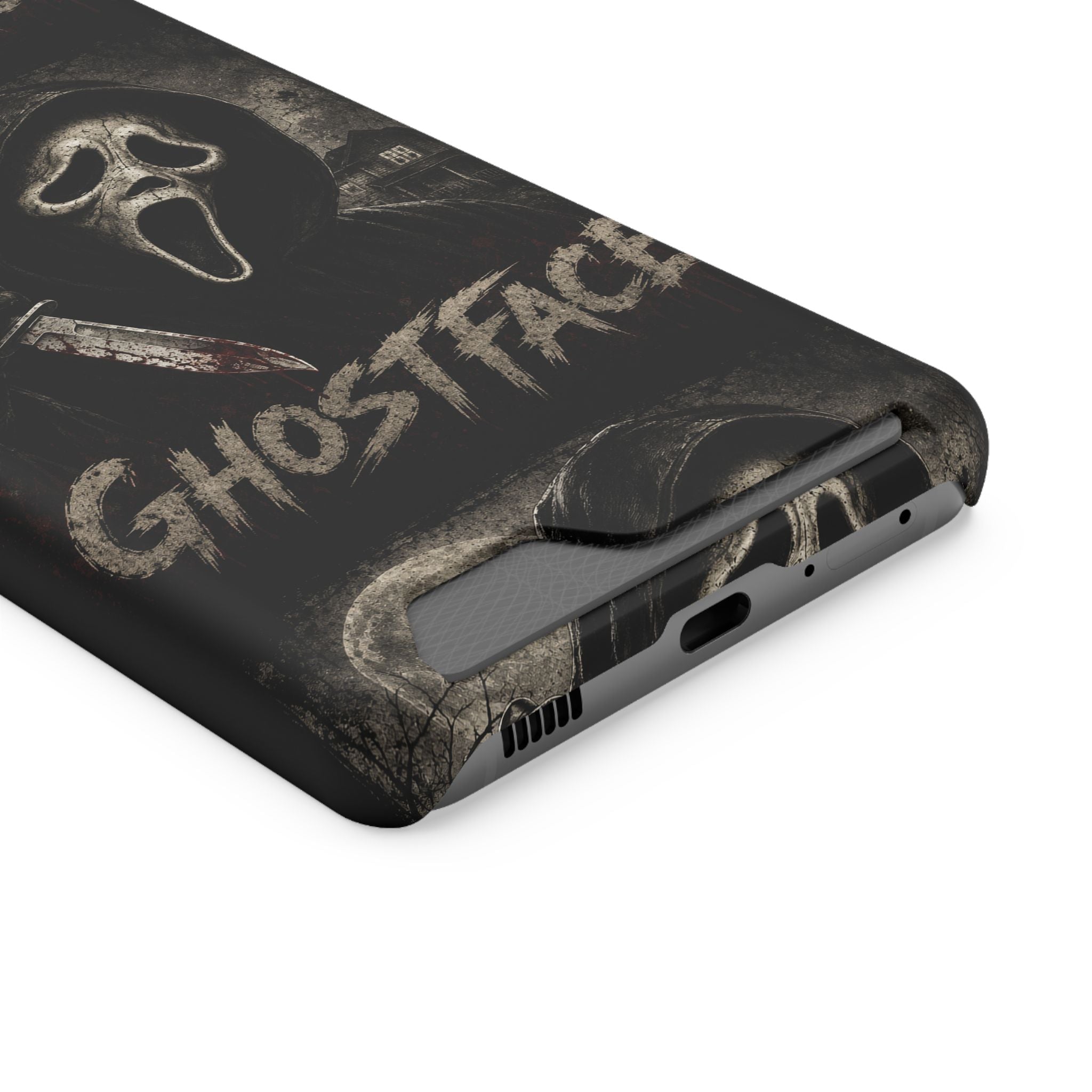 Ghostface Phone Case with Card Holder — Horror Movie Scream Mask Design