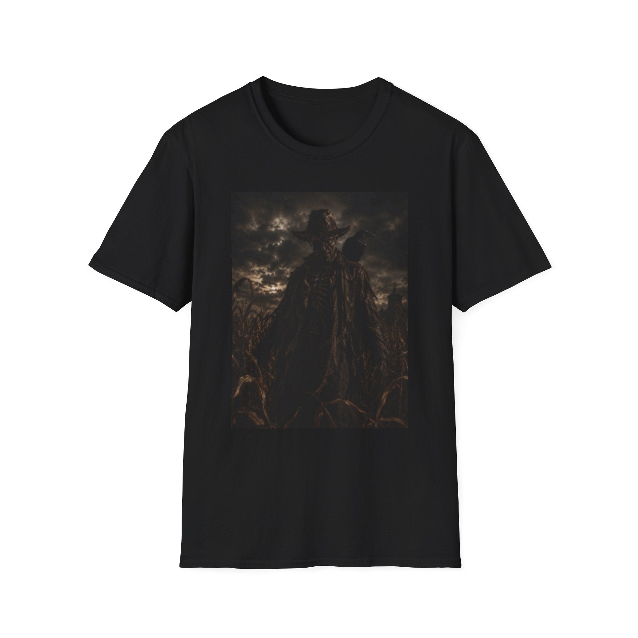 Dark Raven Knight T‑Shirt — Gothic Fantasy Scarecrow Illustration
