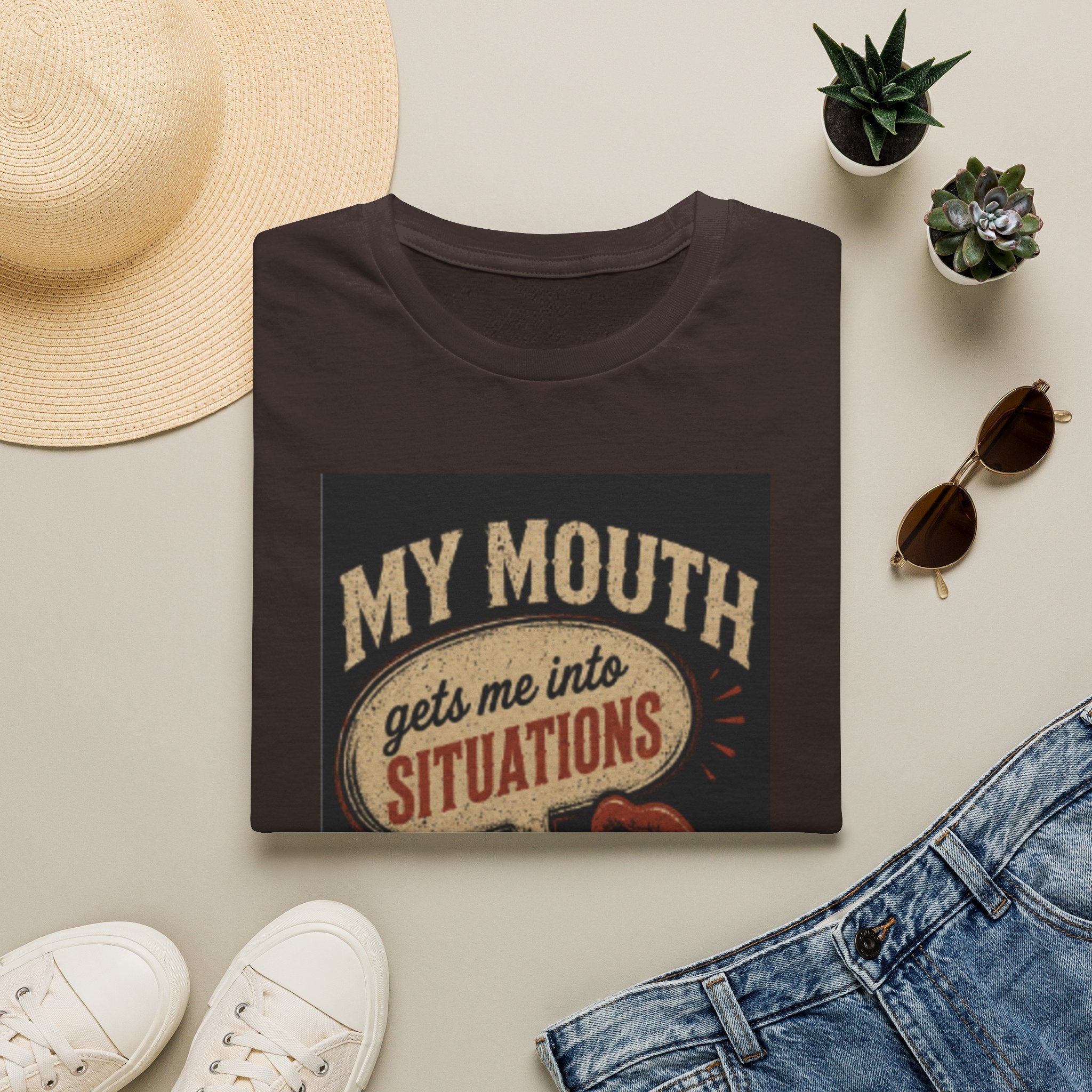 Graphic T-Shirt — "My Mouth Gets Me Into Situations" Vintage Statement Tee