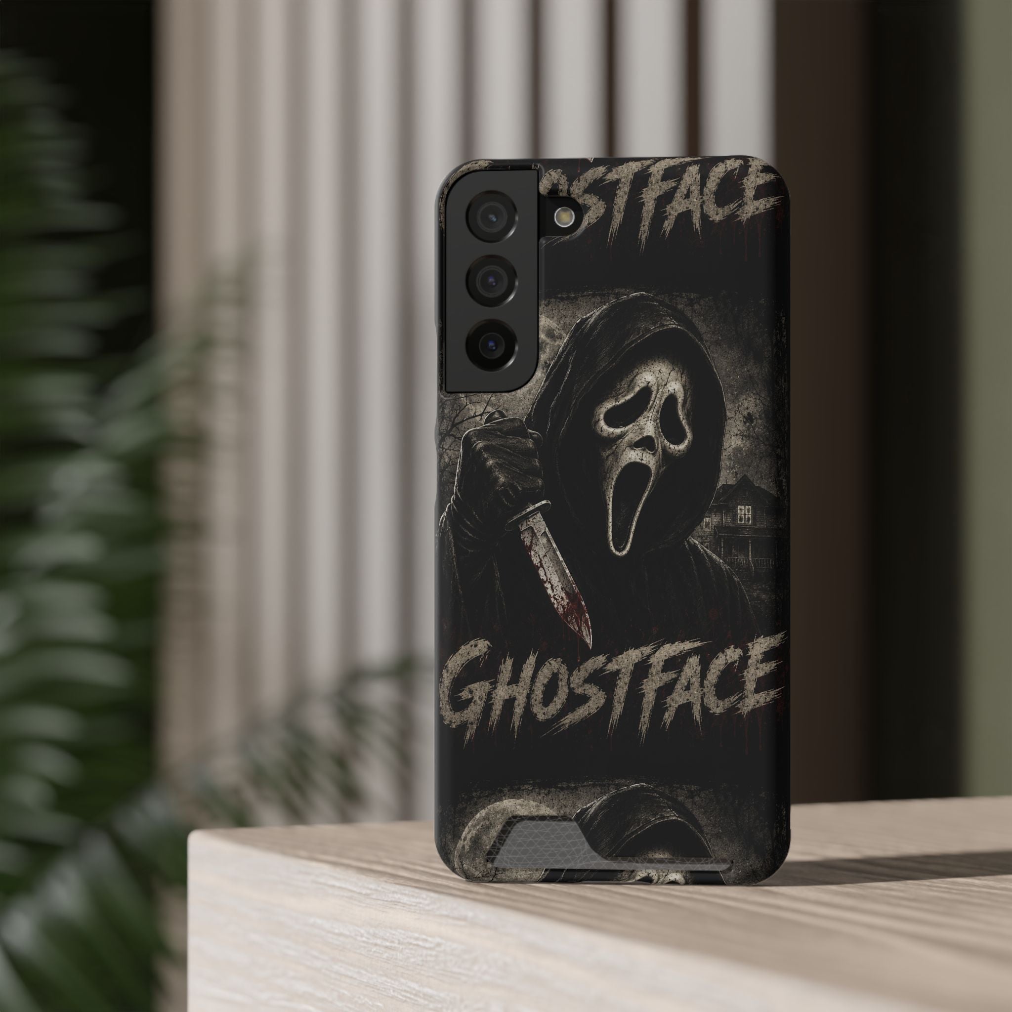 Ghostface Phone Case with Card Holder — Horror Movie Scream Mask Design