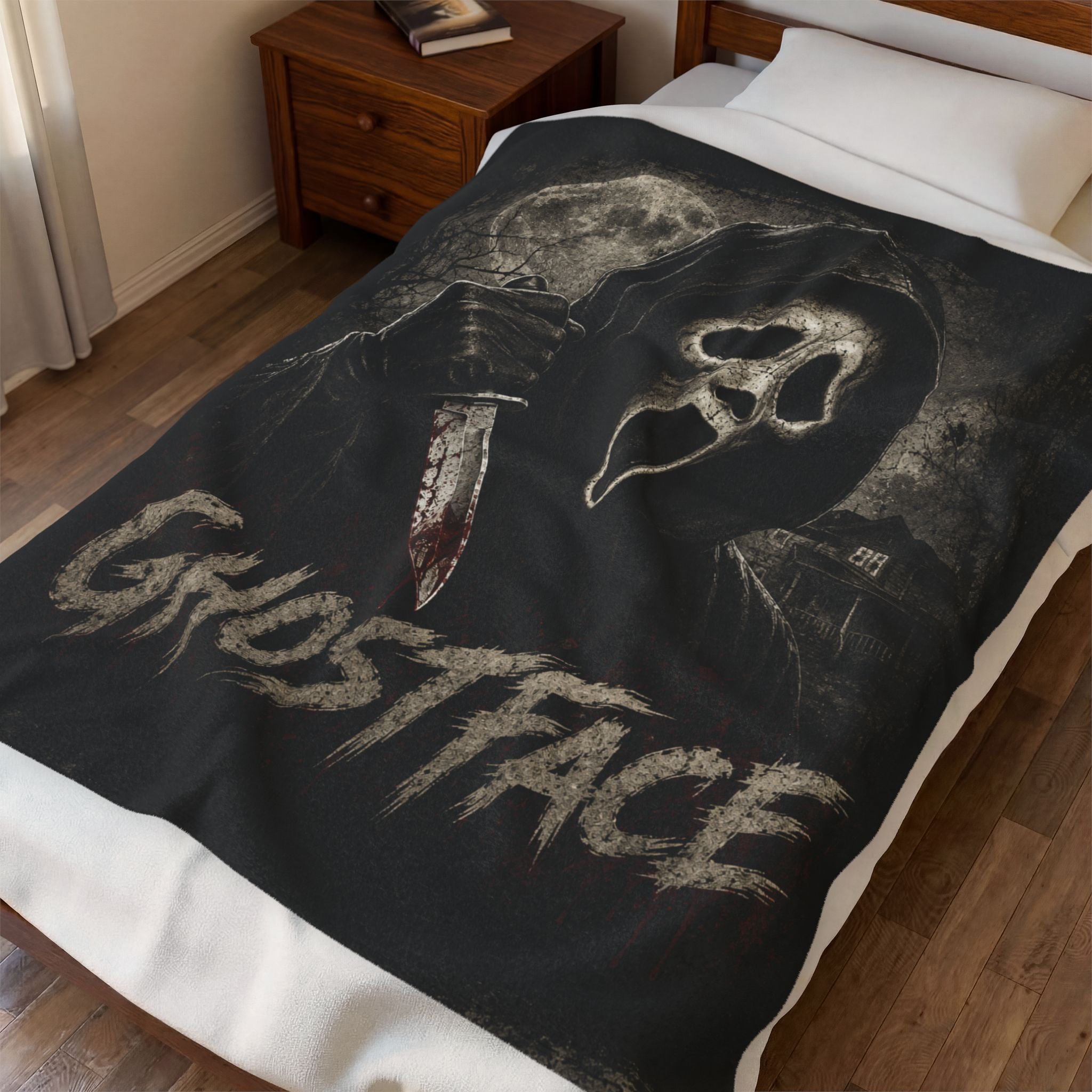 Ghostface Horror Plush Blanket — Scream Mask Throw Blanket, Spooky Halloween Decor