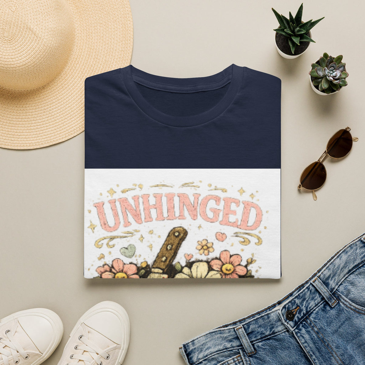 T-Shirt — "Unhinged but in a Cute Way" Floral Knife Graphic Tee