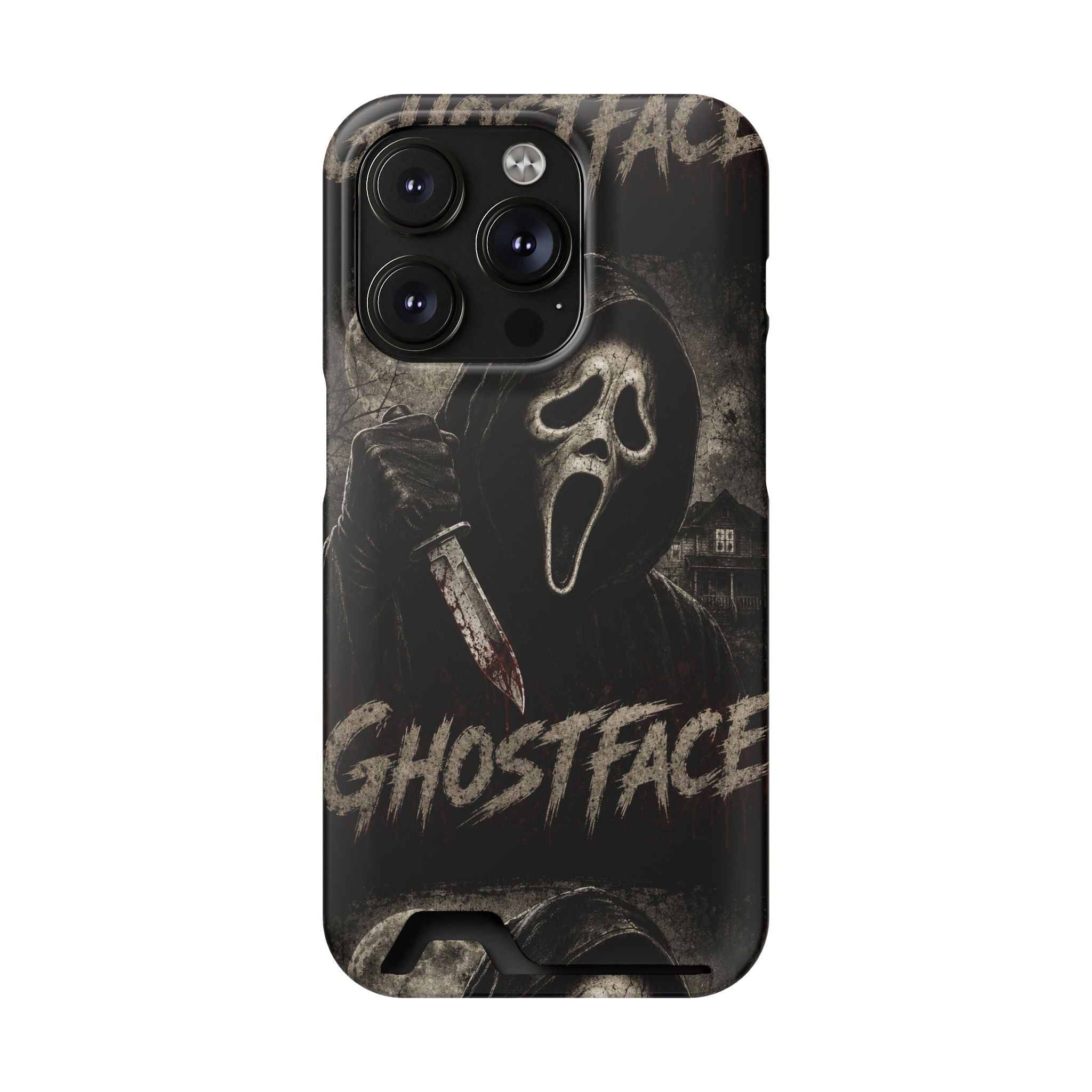 Ghostface Phone Case with Card Holder — Horror Movie Scream Mask Design