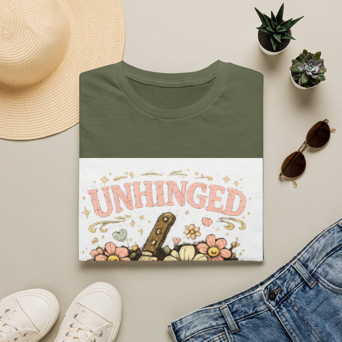 T-Shirt — "Unhinged but in a Cute Way" Floral Knife Graphic Tee