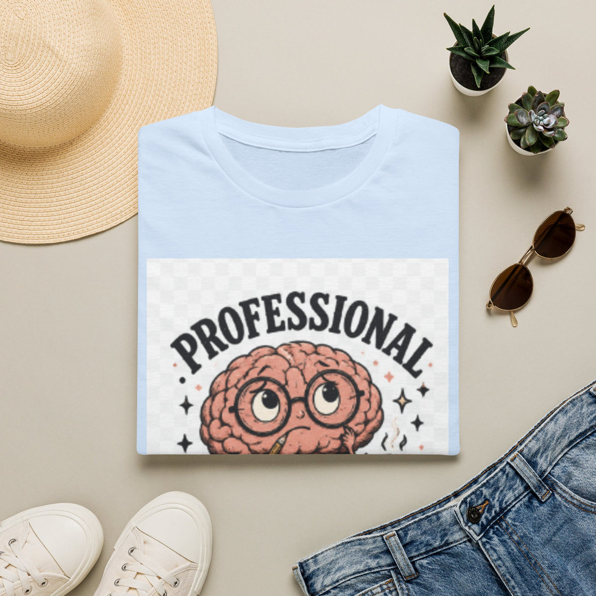 T-Shirt — "Professional Overthinker" Cute Brain Graphic Tee