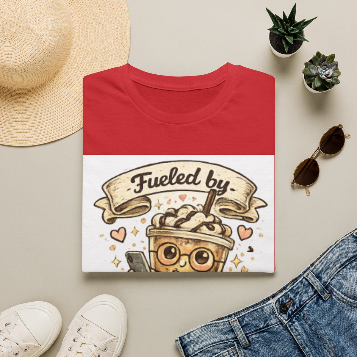 Iced Coffee T-Shirt — "Fueled by Iced Coffee & Delusion" Cute Cafe Graphic Tee