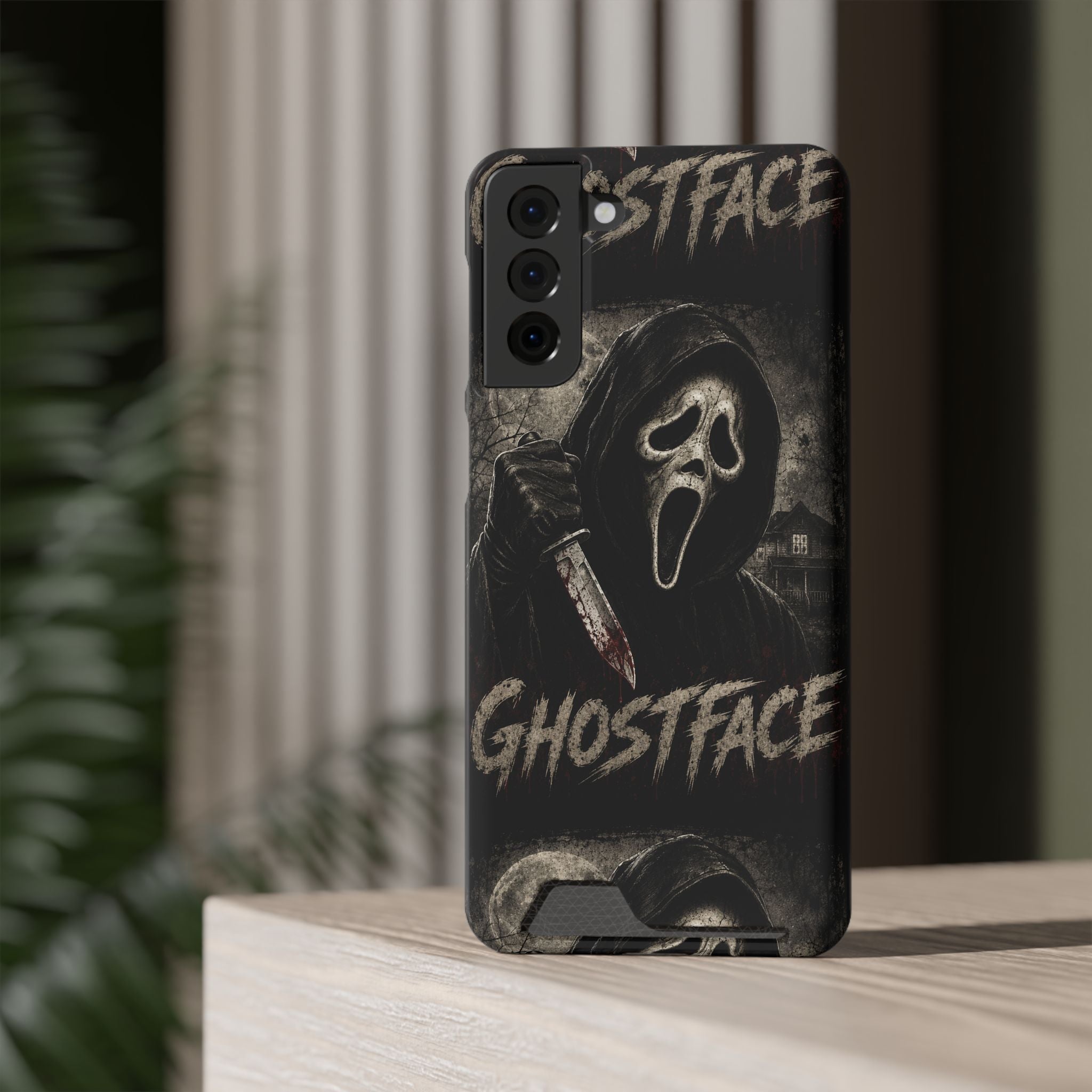 Ghostface Phone Case with Card Holder — Horror Movie Scream Mask Design