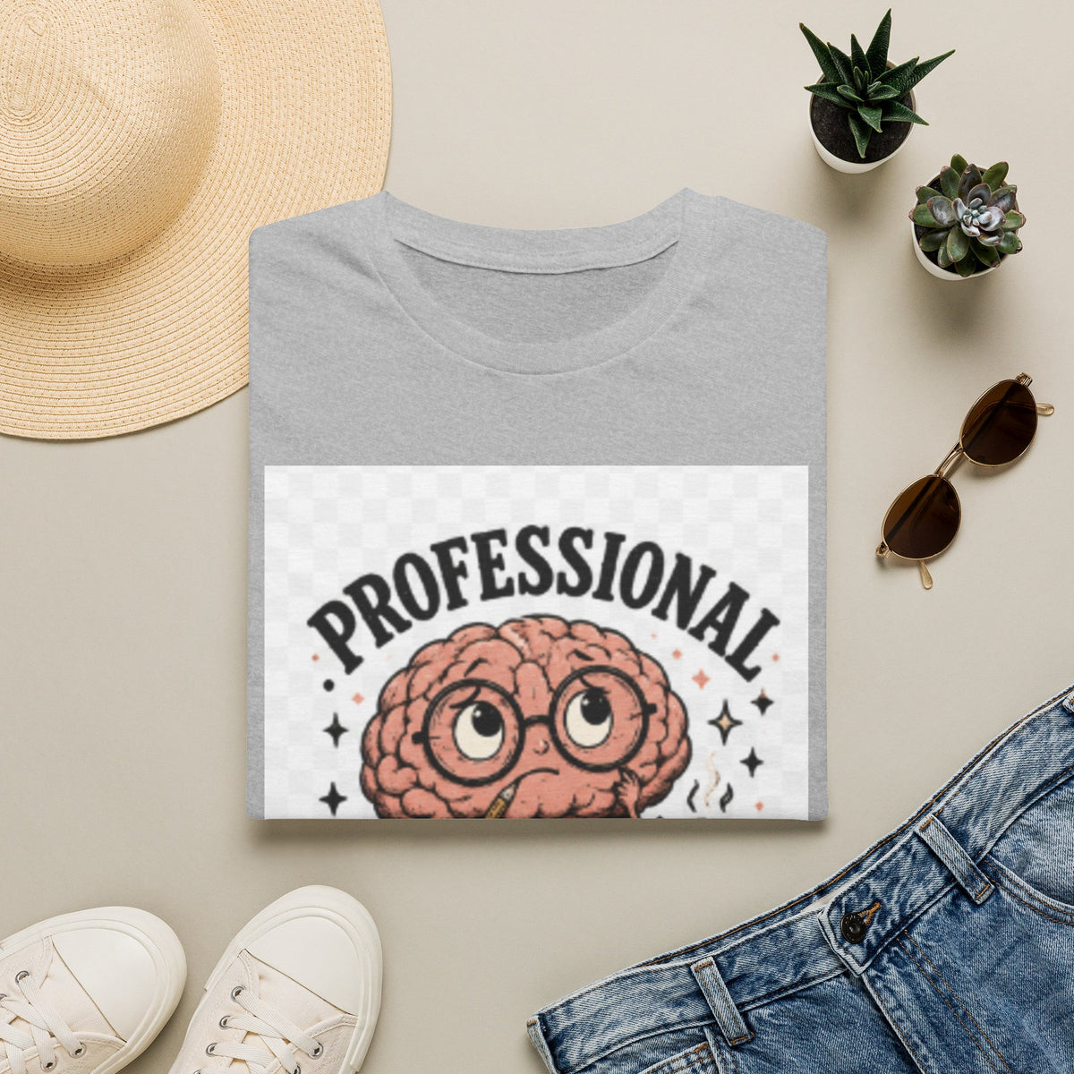T-Shirt — "Professional Overthinker" Cute Brain Graphic Tee