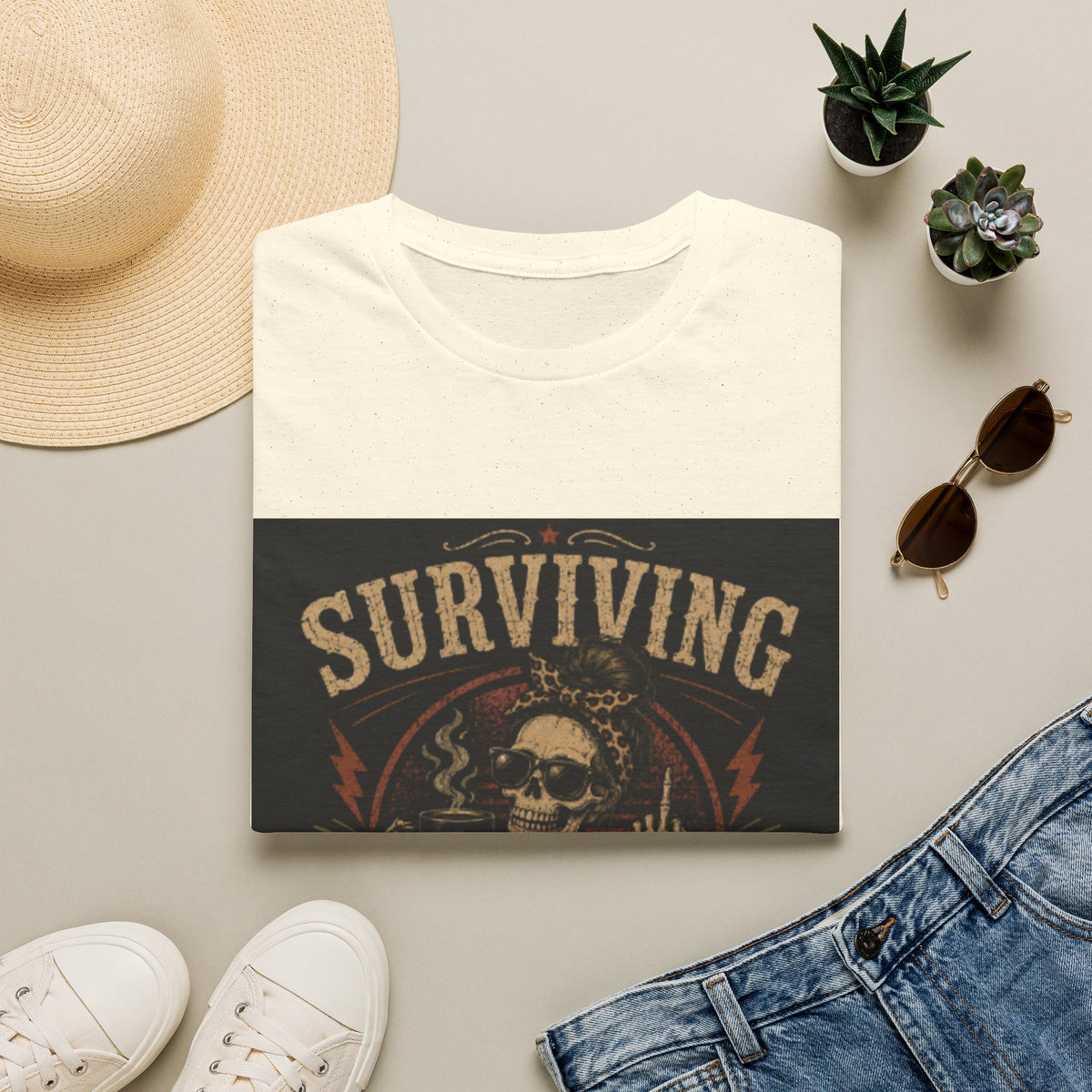 Surviving Caffeine T-Shirt – Funny Skull Coffee Shirt for Tired Adults