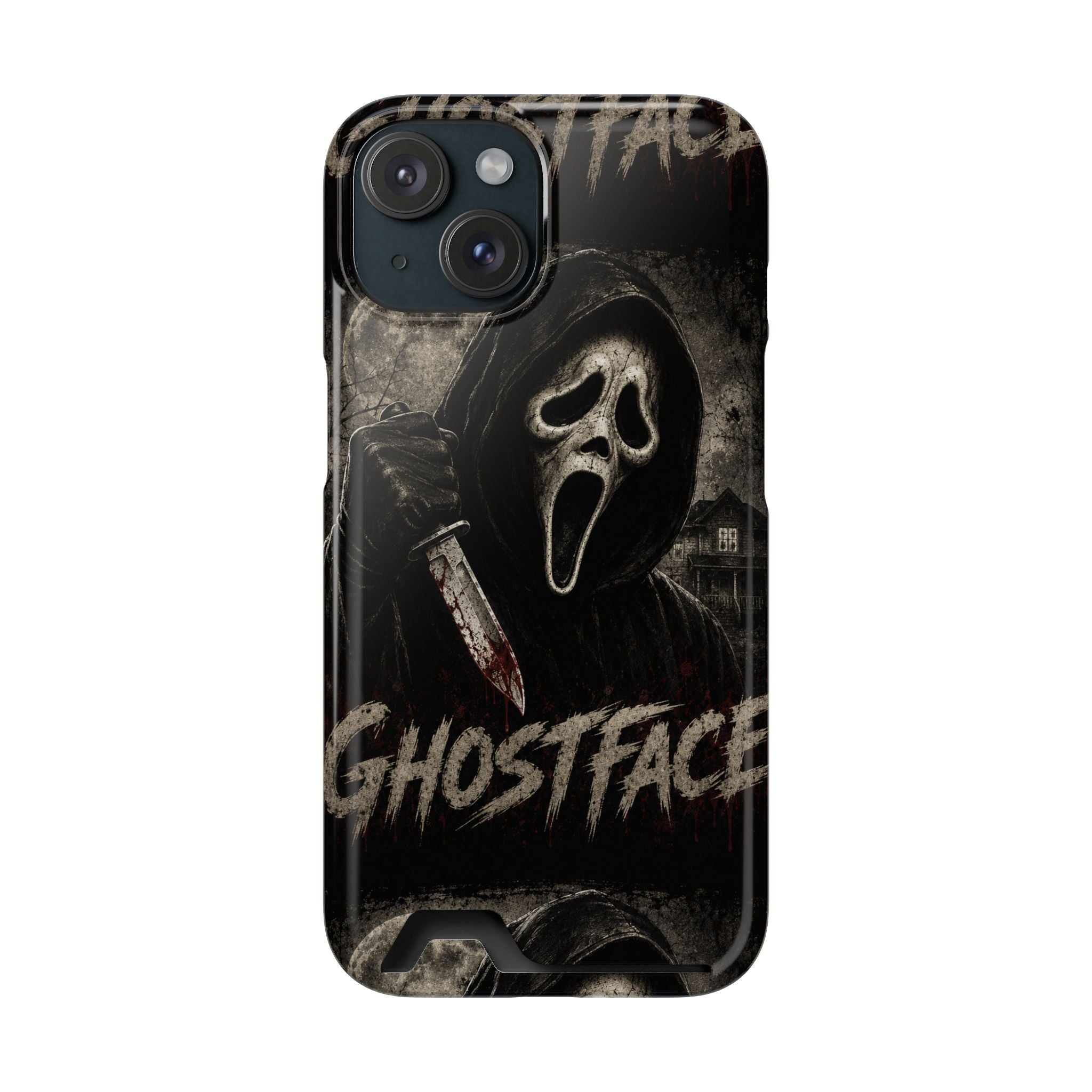 Ghostface Phone Case with Card Holder — Horror Movie Scream Mask Design