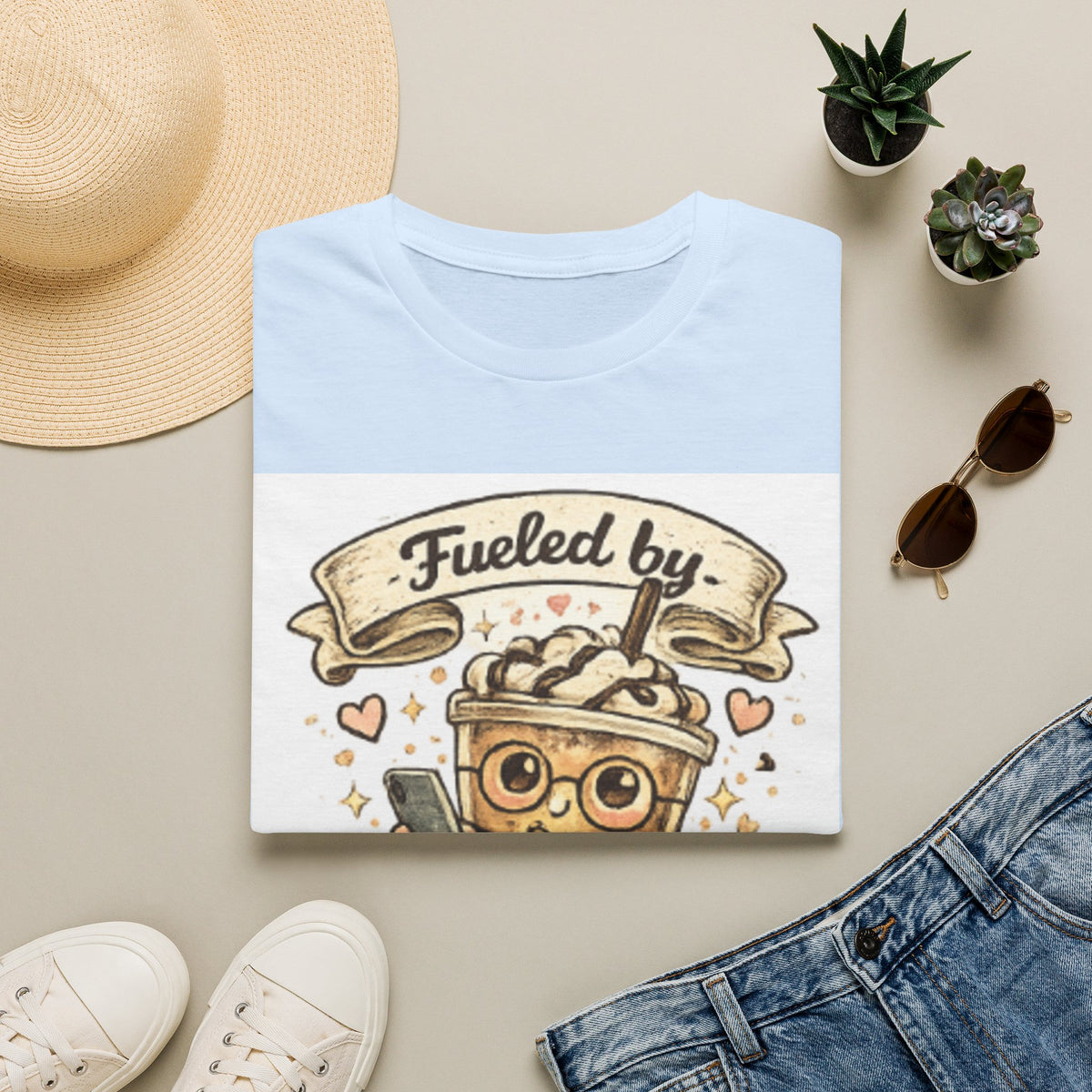 Iced Coffee T-Shirt — "Fueled by Iced Coffee & Delusion" Cute Cafe Graphic Tee