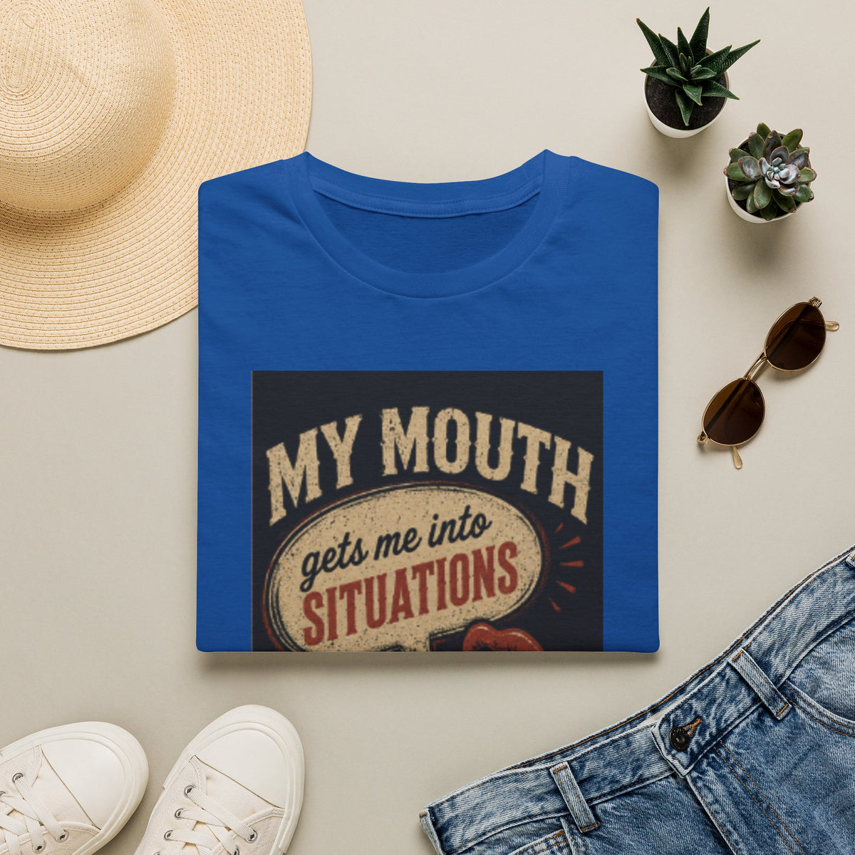 Graphic T-Shirt — "My Mouth Gets Me Into Situations" Vintage Statement Tee
