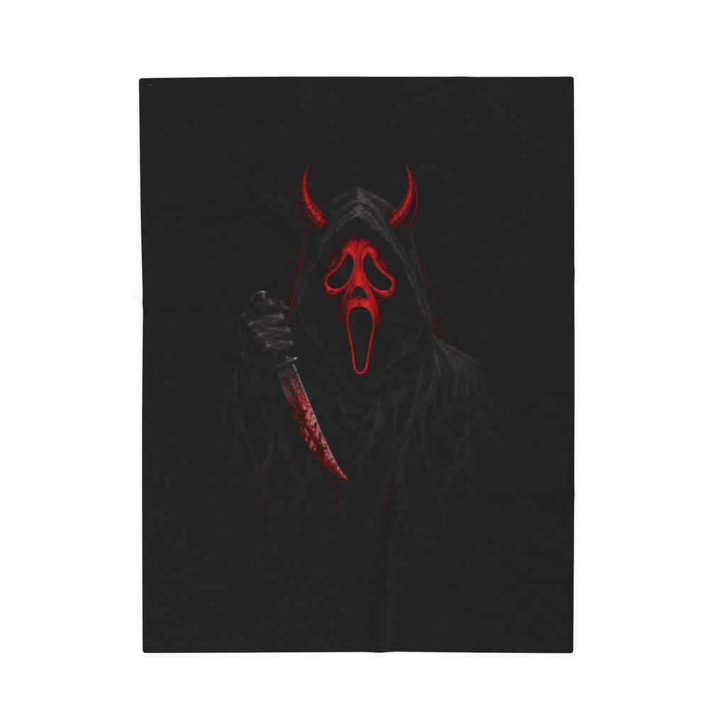 Horror Scream Devil Plush Blanket — Red Mask & Bloody Knife Velveteen Throw