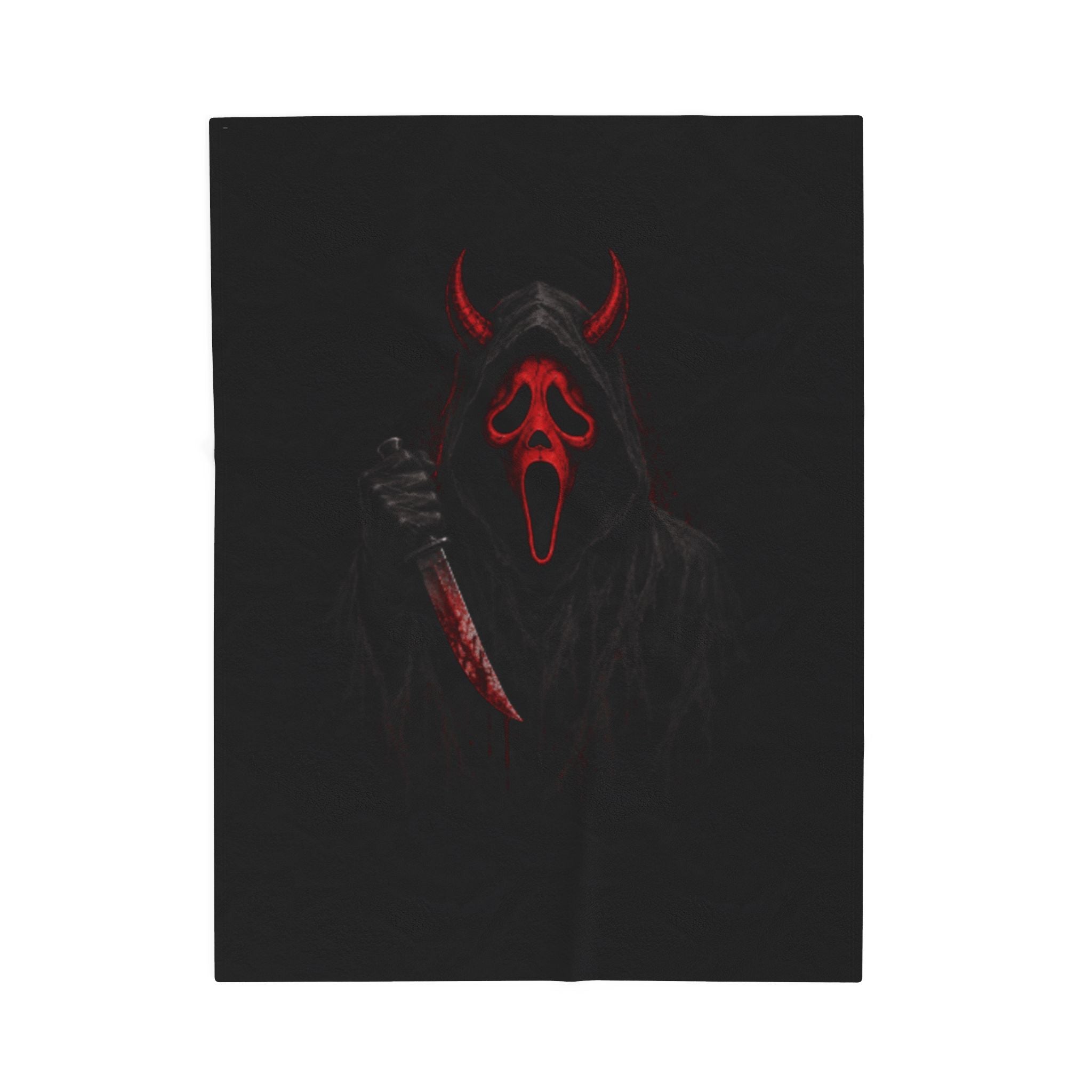 Horror Scream Devil Plush Blanket — Red Mask & Bloody Knife Velveteen Throw