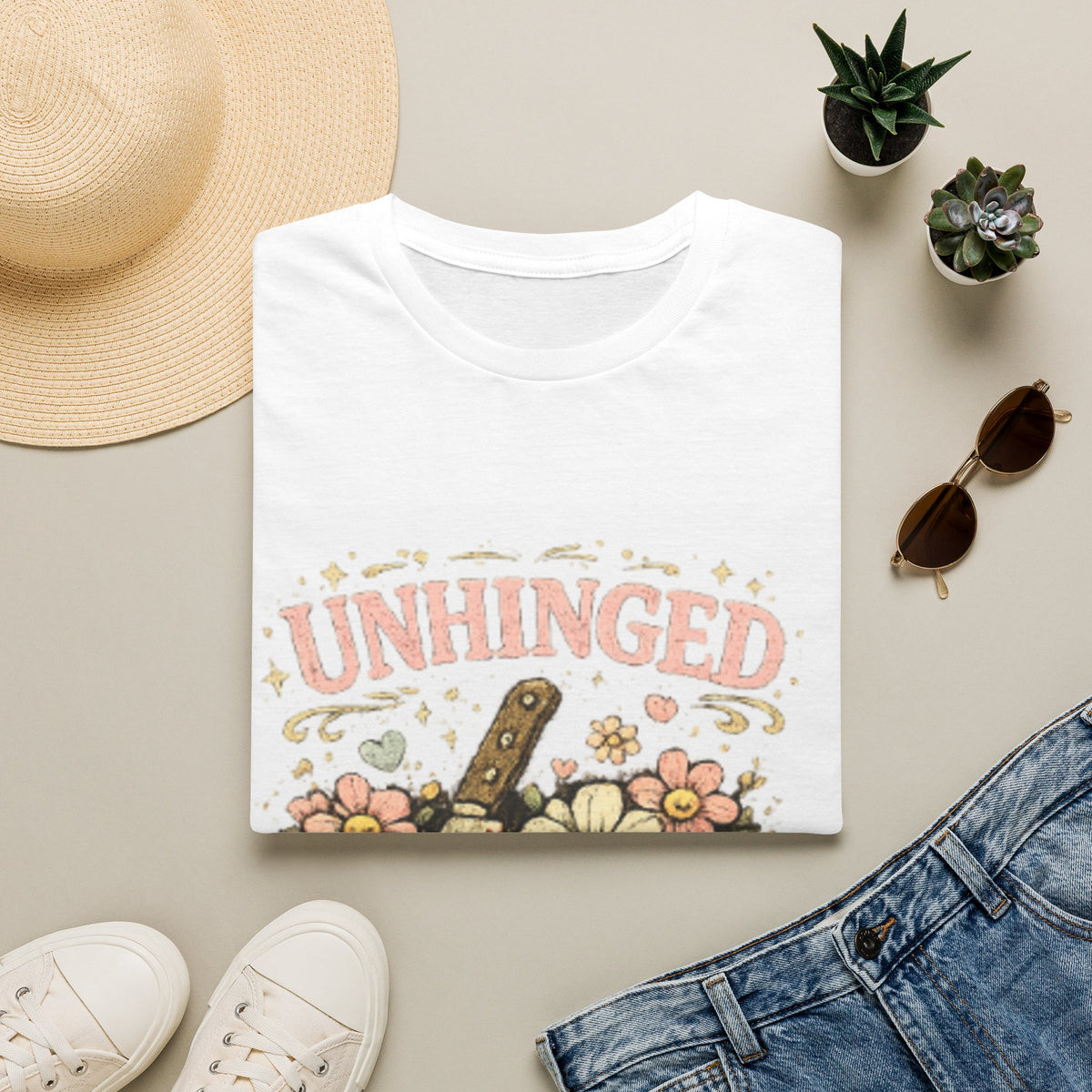 T-Shirt — "Unhinged but in a Cute Way" Floral Knife Graphic Tee