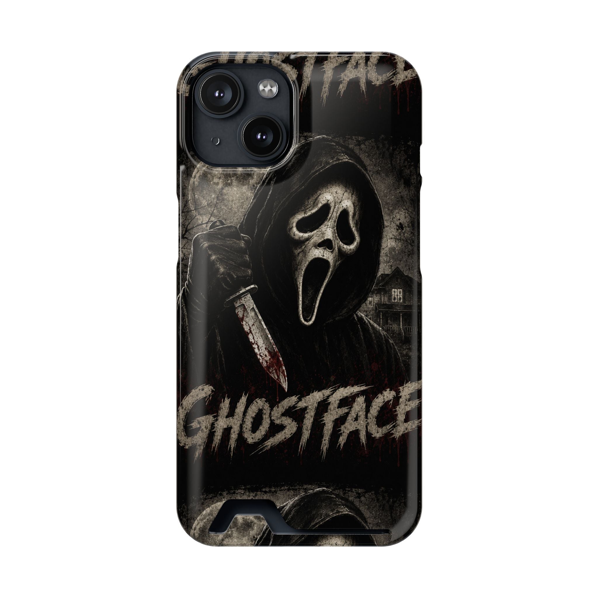 Ghostface Phone Case with Card Holder — Horror Movie Scream Mask Design