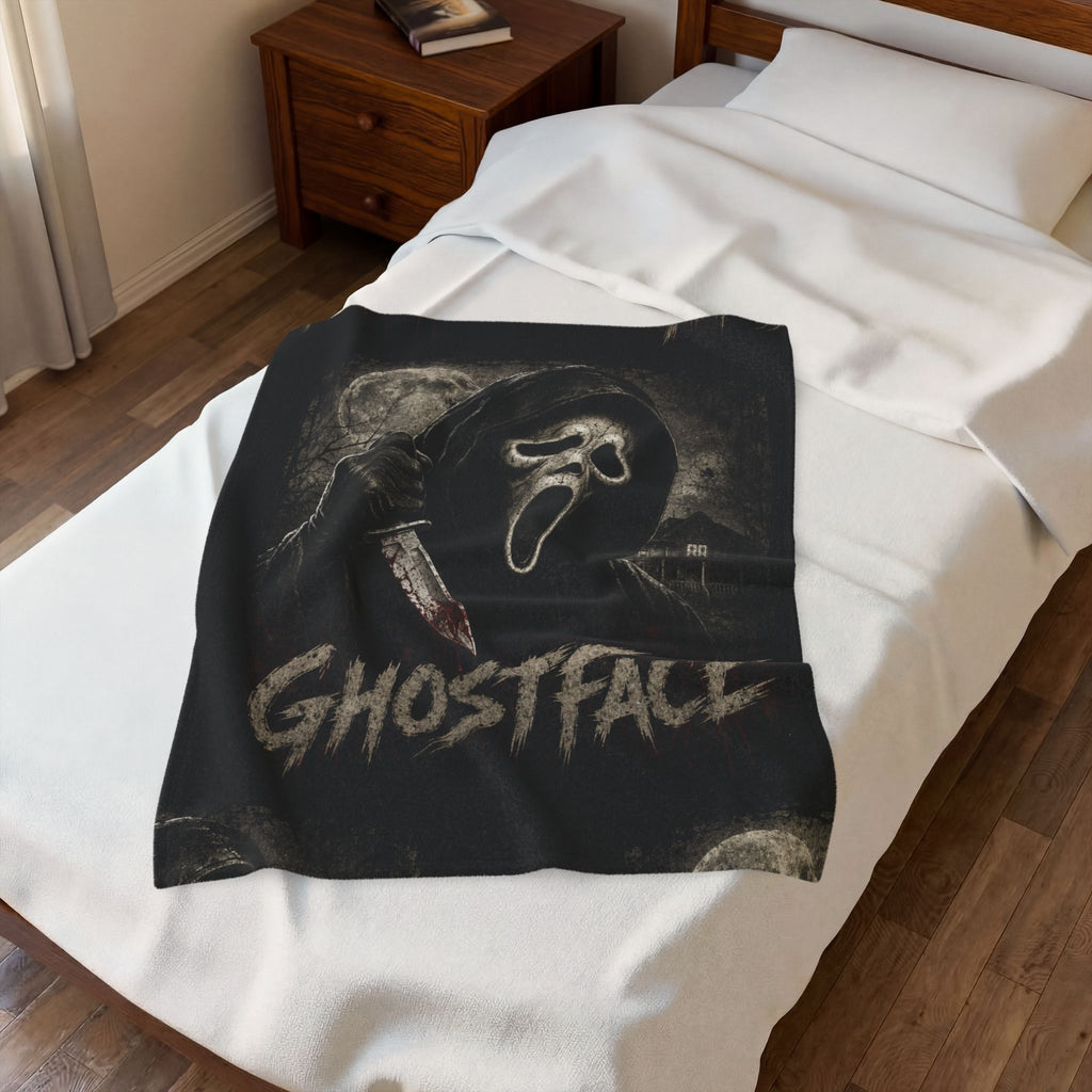 Ghostface Horror Plush Blanket — Scream Mask Throw Blanket, Spooky Halloween Decor