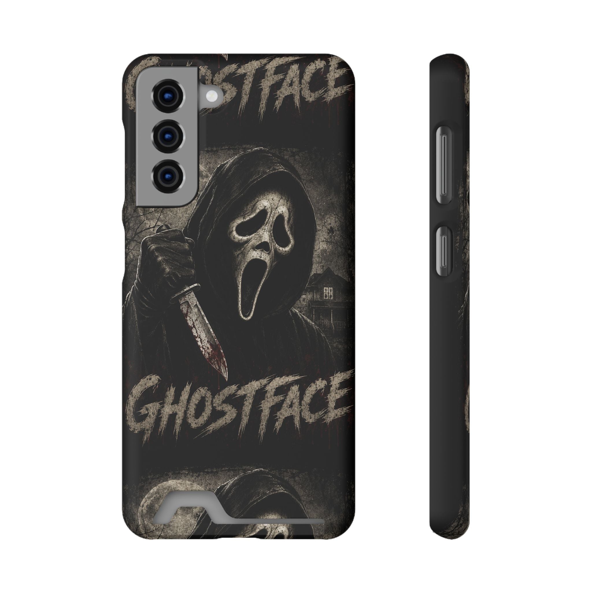 Ghostface Phone Case with Card Holder — Horror Movie Scream Mask Design
