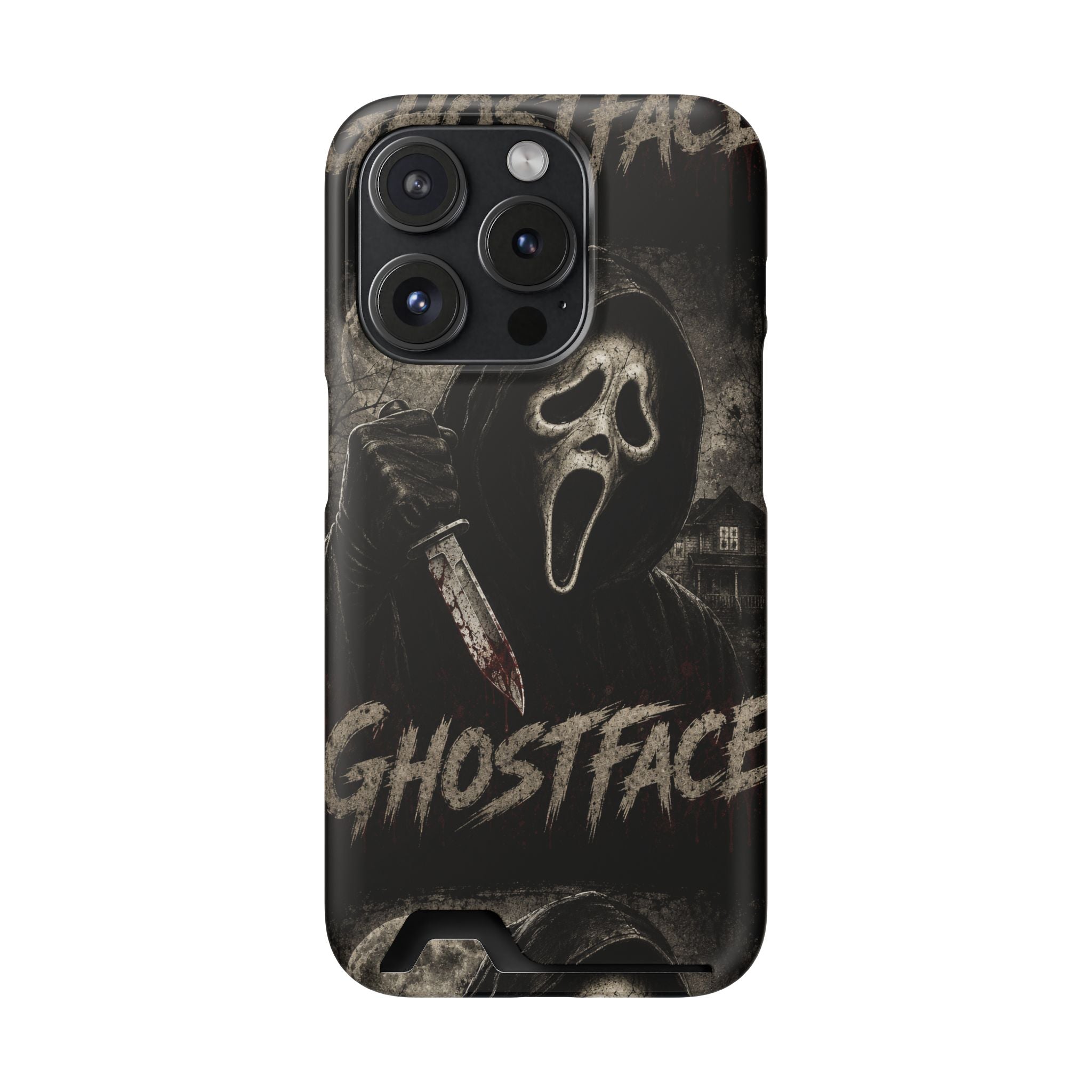 Ghostface Phone Case with Card Holder — Horror Movie Scream Mask Design