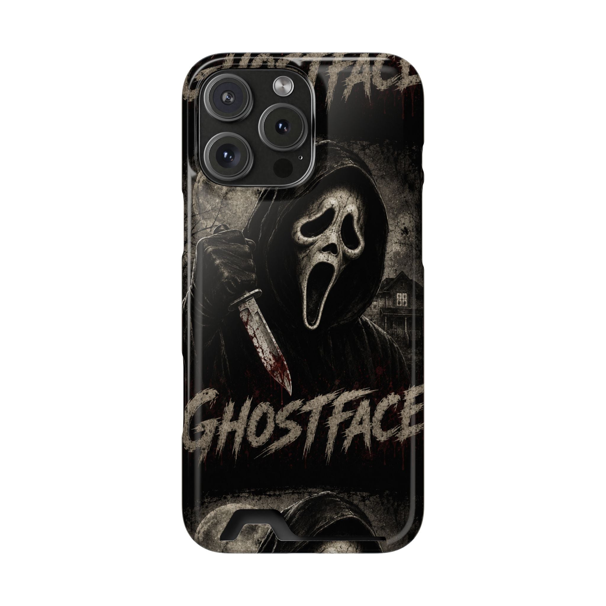 Ghostface Phone Case with Card Holder — Horror Movie Scream Mask Design