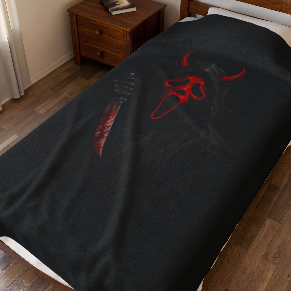 Horror Scream Devil Plush Blanket — Red Mask & Bloody Knife Velveteen Throw