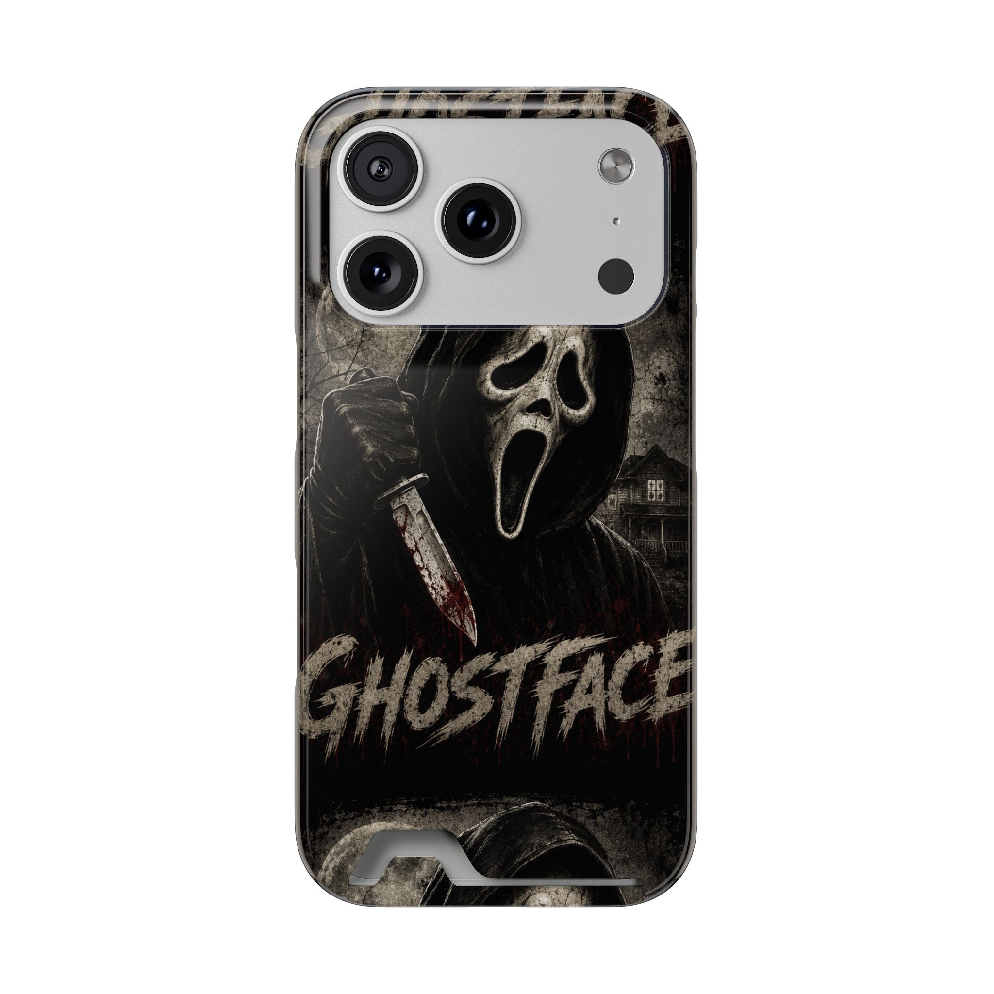 Ghostface Phone Case with Card Holder — Horror Movie Scream Mask Design