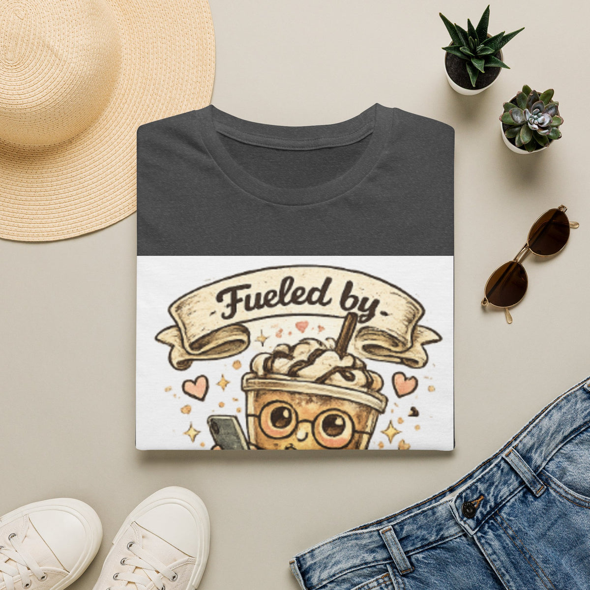 Iced Coffee T-Shirt — "Fueled by Iced Coffee & Delusion" Cute Cafe Graphic Tee