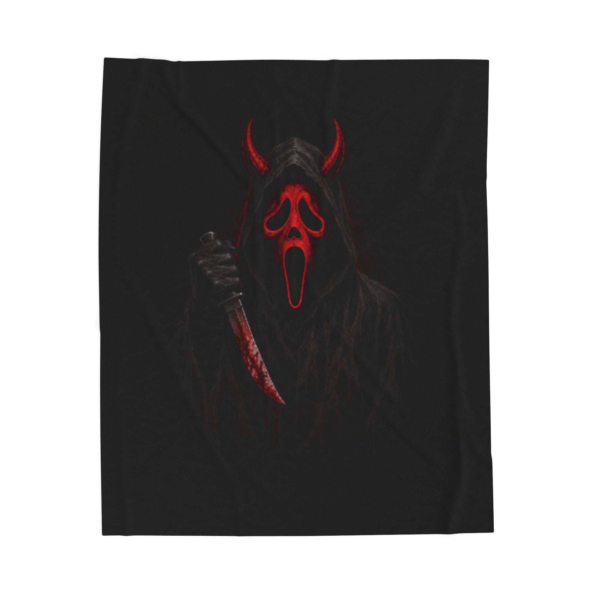 Horror Scream Devil Plush Blanket — Red Mask & Bloody Knife Velveteen Throw