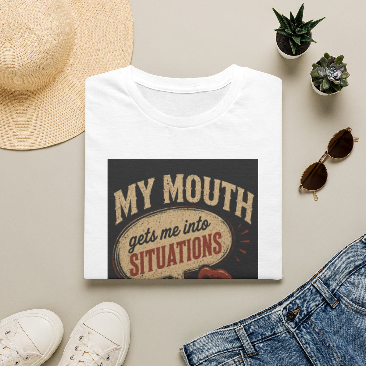 Graphic T-Shirt — "My Mouth Gets Me Into Situations" Vintage Statement Tee