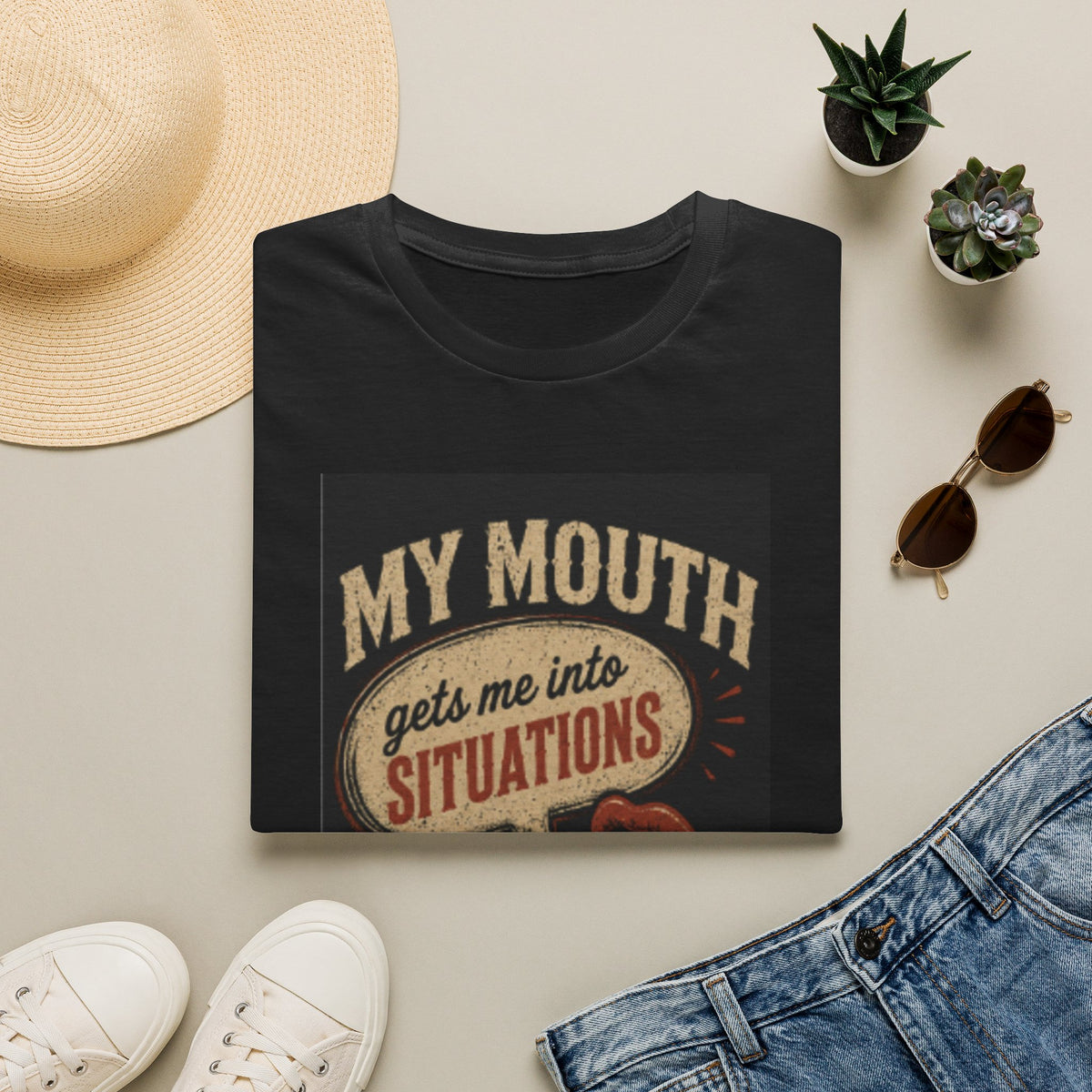 Graphic T-Shirt — "My Mouth Gets Me Into Situations" Vintage Statement Tee
