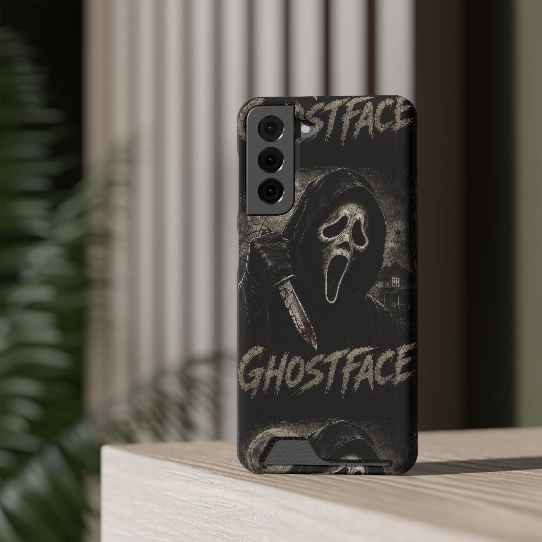 Ghostface Phone Case with Card Holder — Horror Movie Scream Mask Design