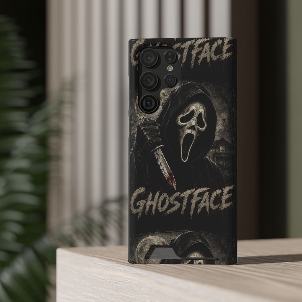 Ghostface Phone Case with Card Holder — Horror Movie Scream Mask Design