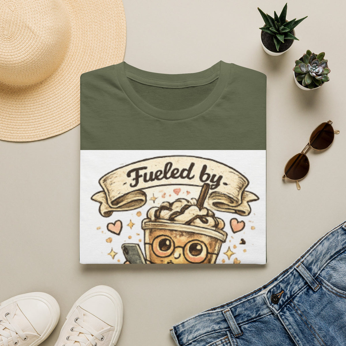 Iced Coffee T-Shirt — "Fueled by Iced Coffee & Delusion" Cute Cafe Graphic Tee