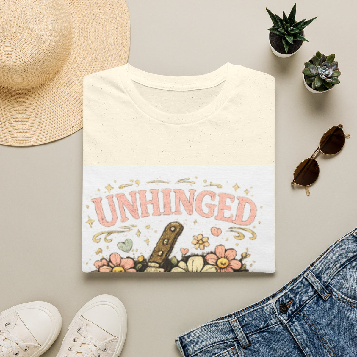 T-Shirt — "Unhinged but in a Cute Way" Floral Knife Graphic Tee