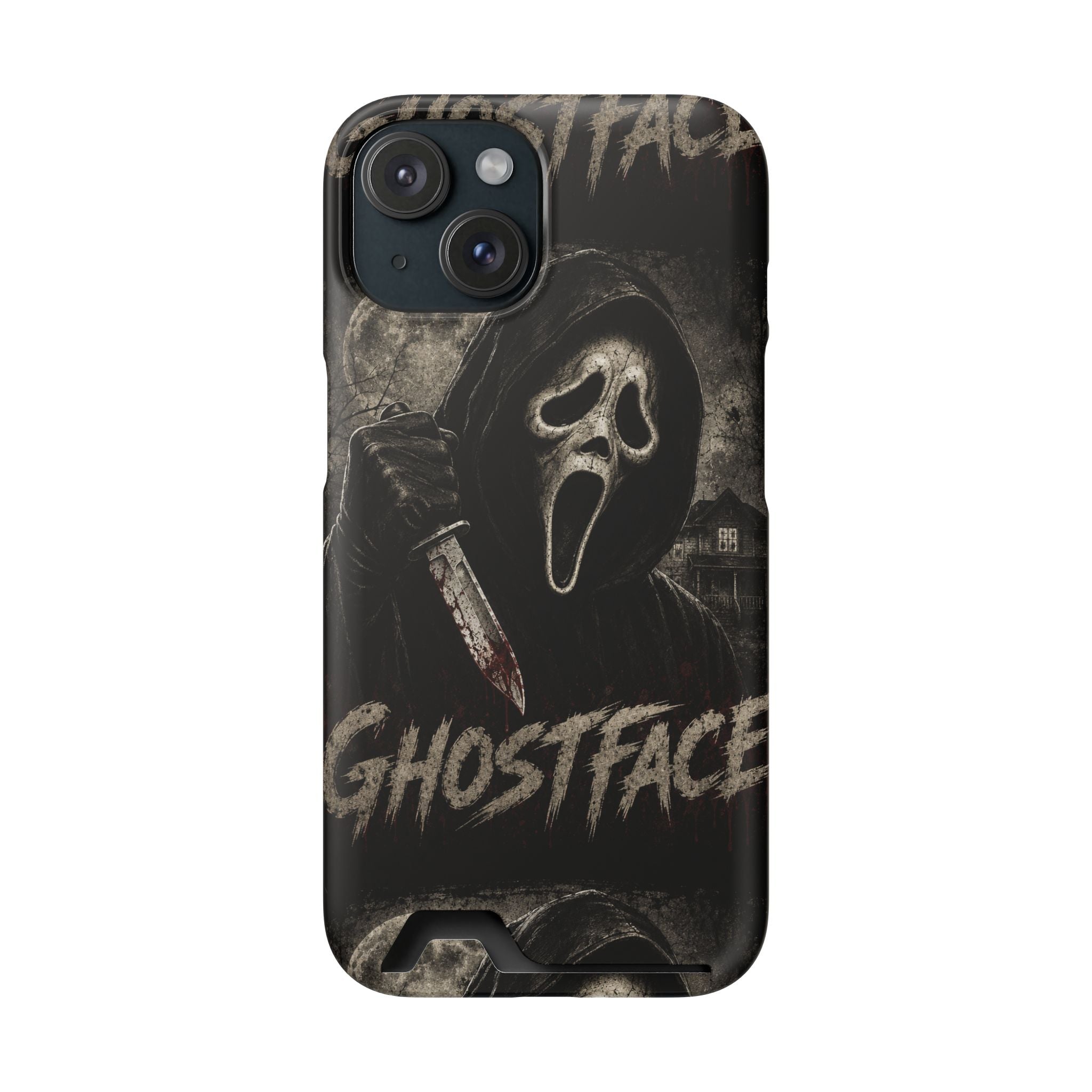Ghostface Phone Case with Card Holder — Horror Movie Scream Mask Design