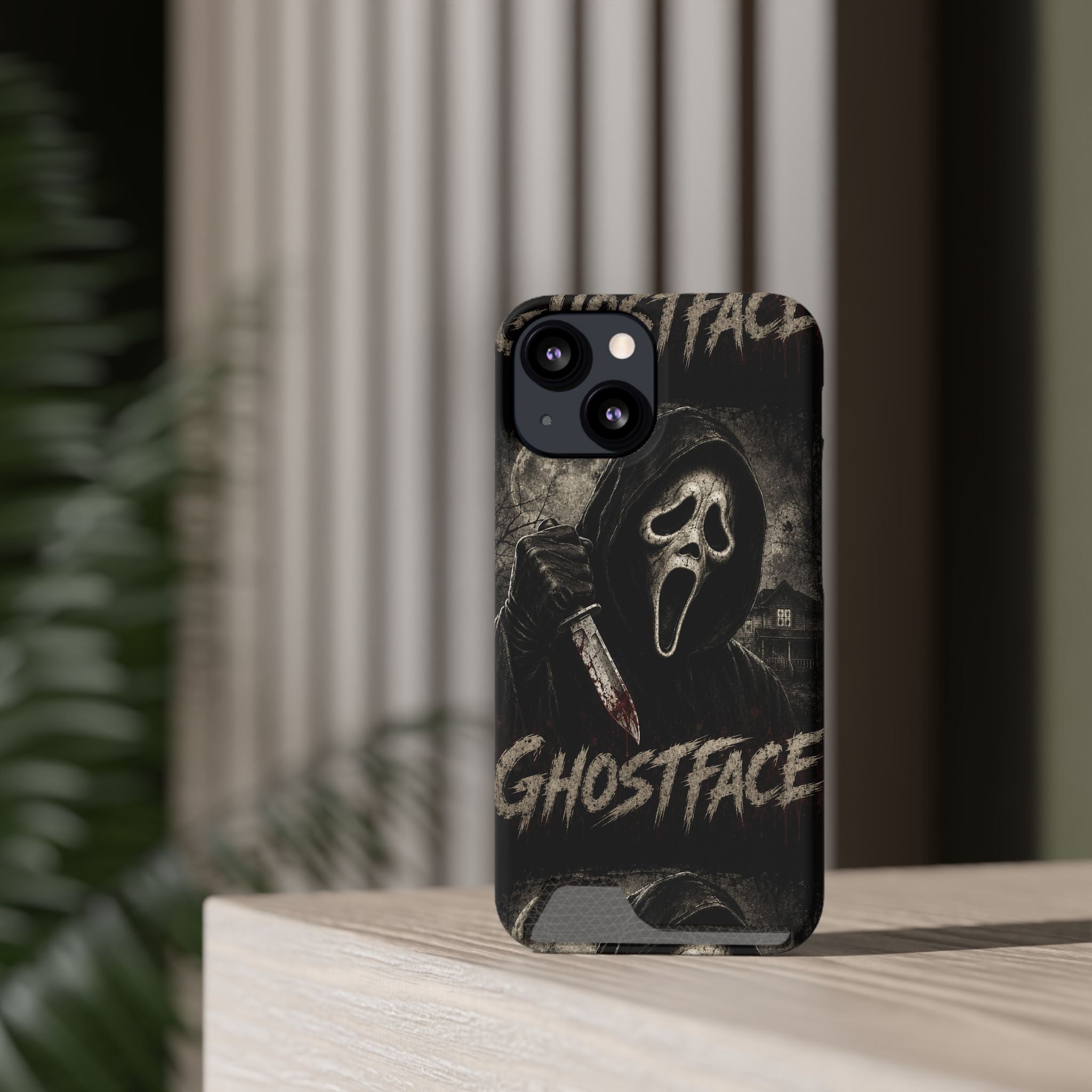 Ghostface Phone Case with Card Holder — Horror Movie Scream Mask Design